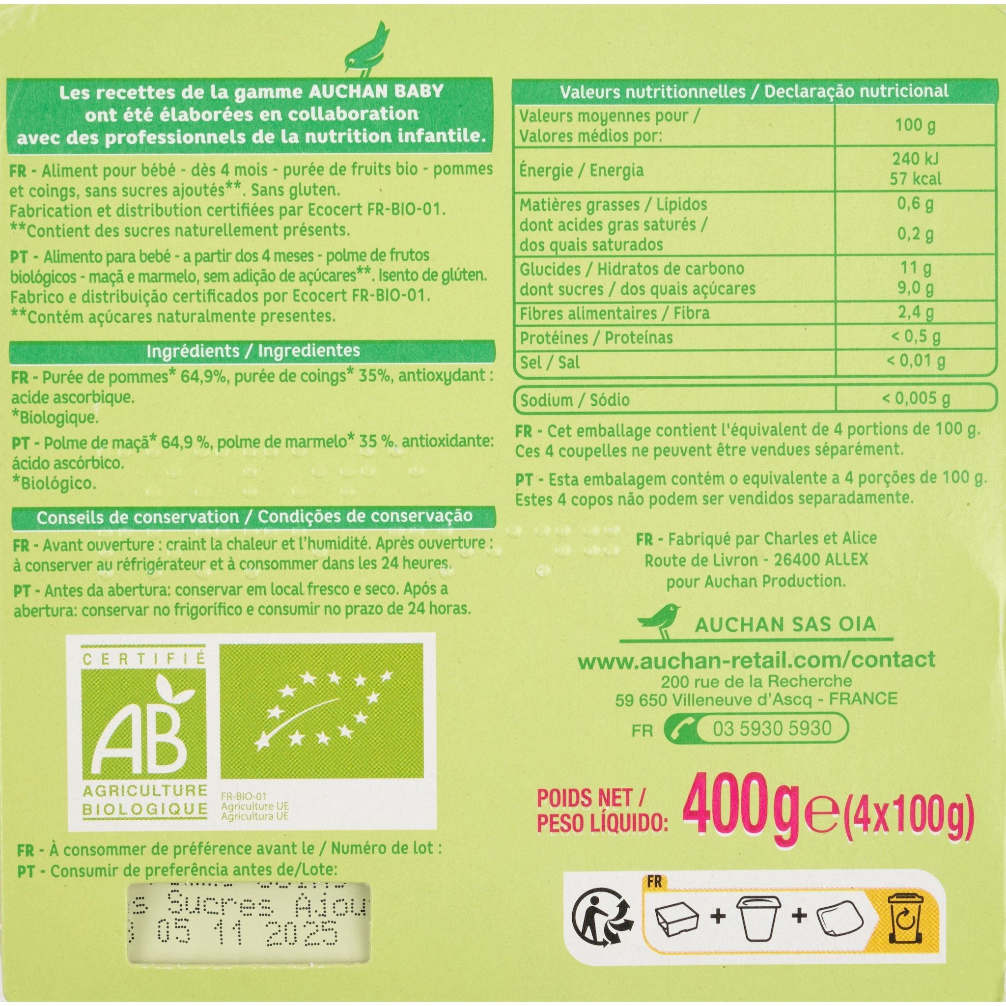 Voir la diapositive 2 : AUCHAN BABY BIO Petit pot dessert pomme coing dès 4 mois 4x100g