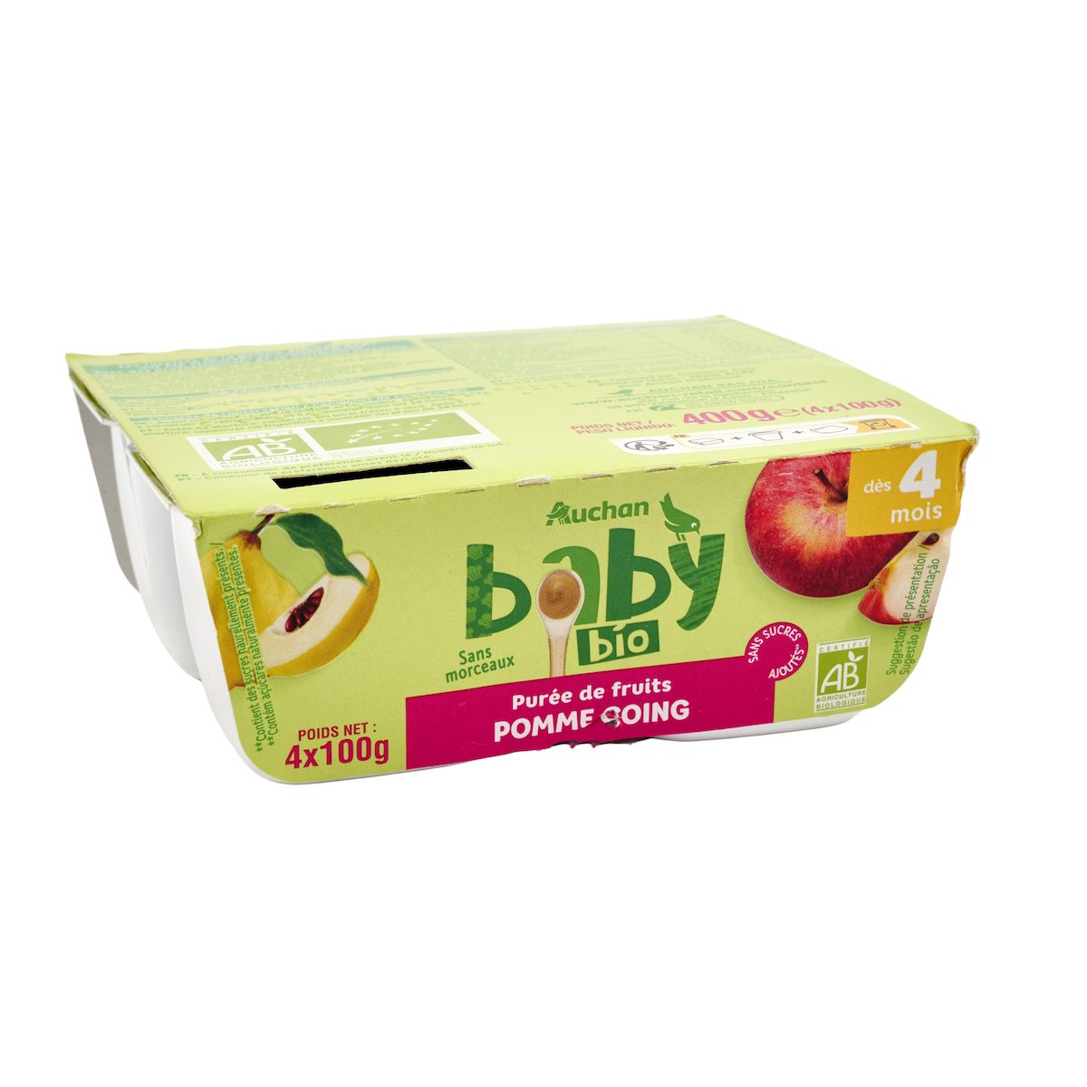 AUCHAN BABY BIO Petit pot dessert pomme coing dès 4 mois 4x100g