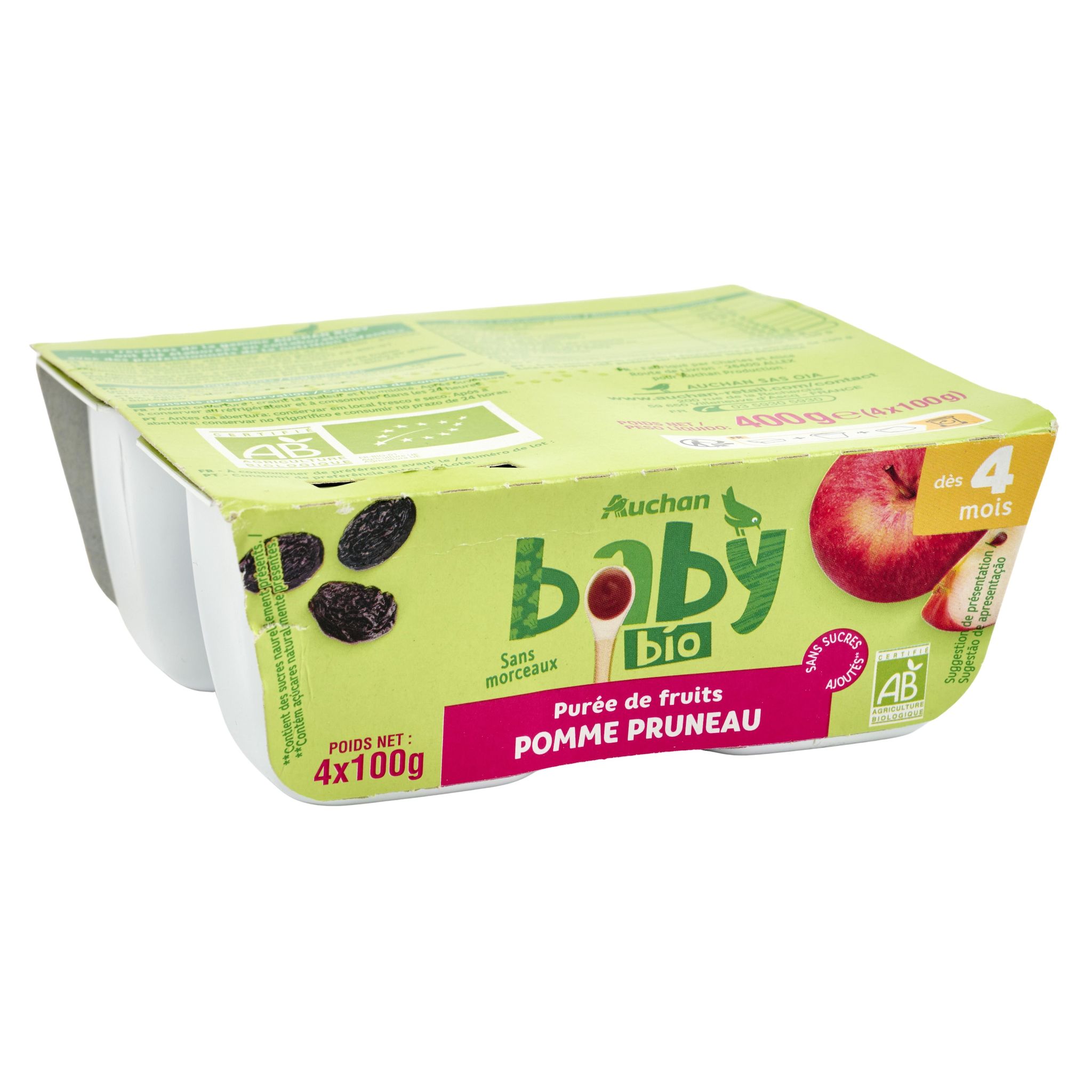 Voir la diapositive 3 : AUCHAN BABY BIO Petit pot dessert pomme pruneau banane dès 4 mois 4x100g