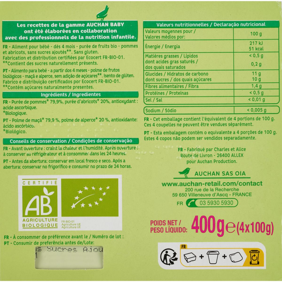AUCHAN BABY BIO Petit Pot dessert pomme abricot dès 4 mois 4x100g