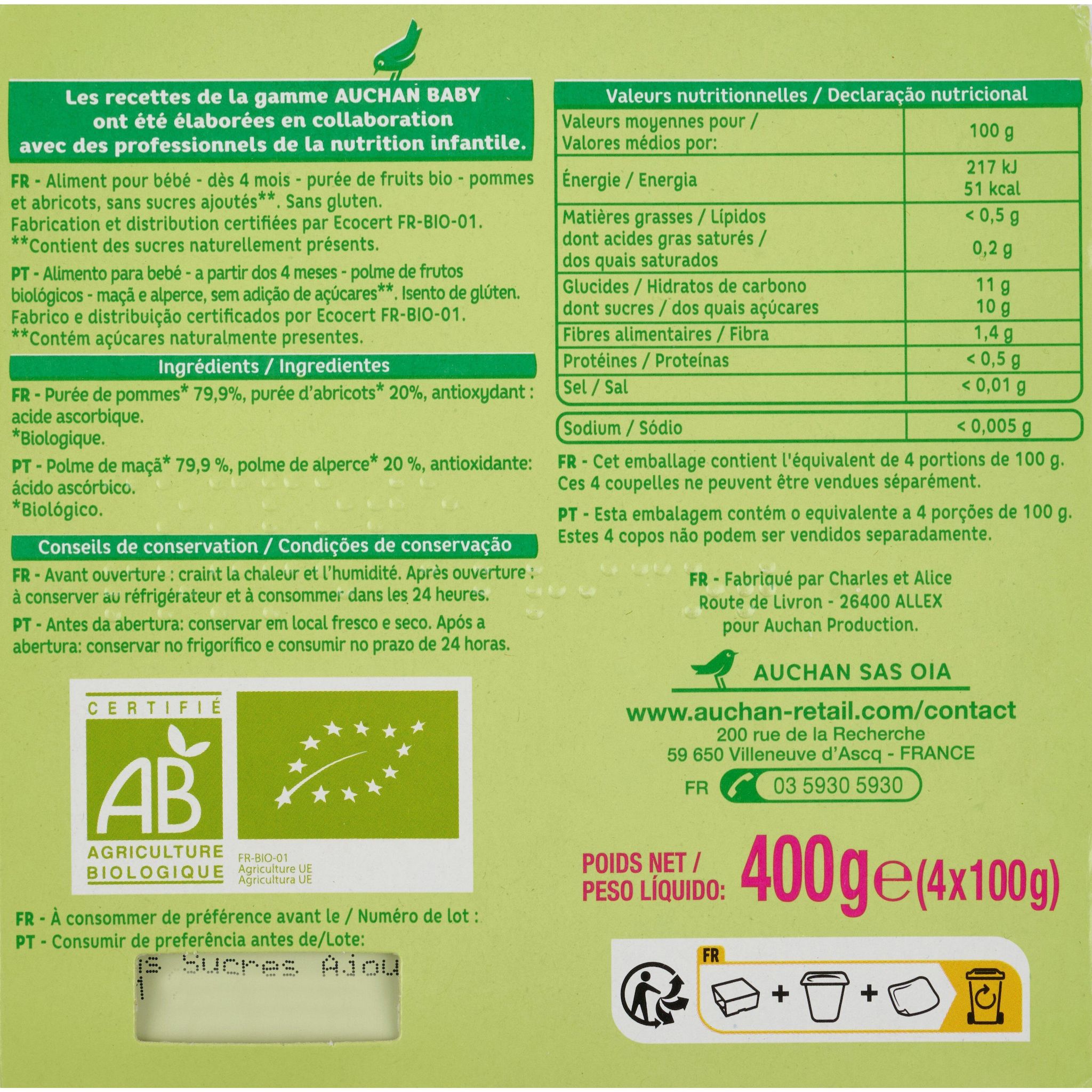 Voir la diapositive 2 : AUCHAN BABY BIO Petit Pot dessert pomme abricot dès 4 mois 4x100g