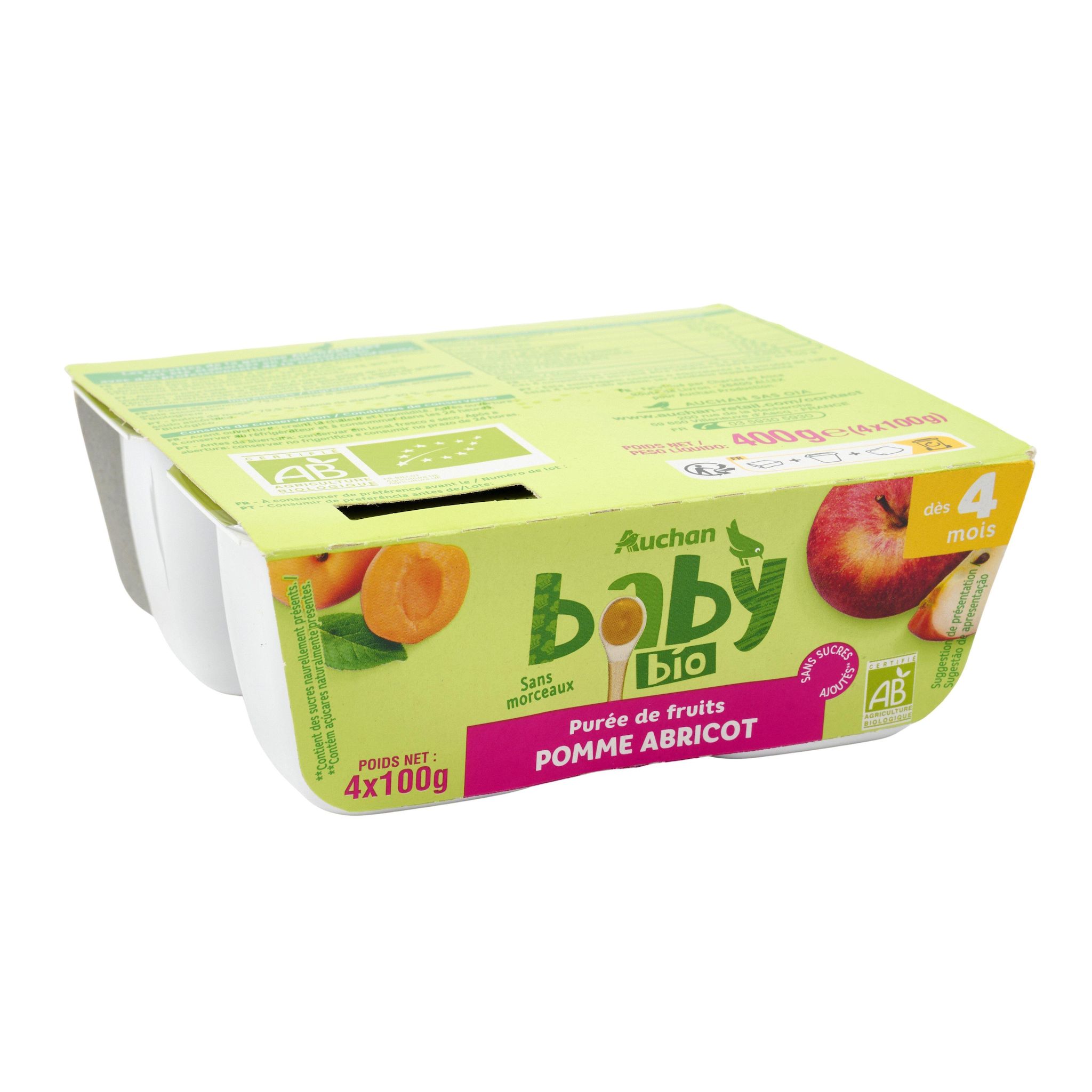 Voir la diapositive 3 : AUCHAN BABY BIO Petit Pot dessert pomme abricot dès 4 mois 4x100g