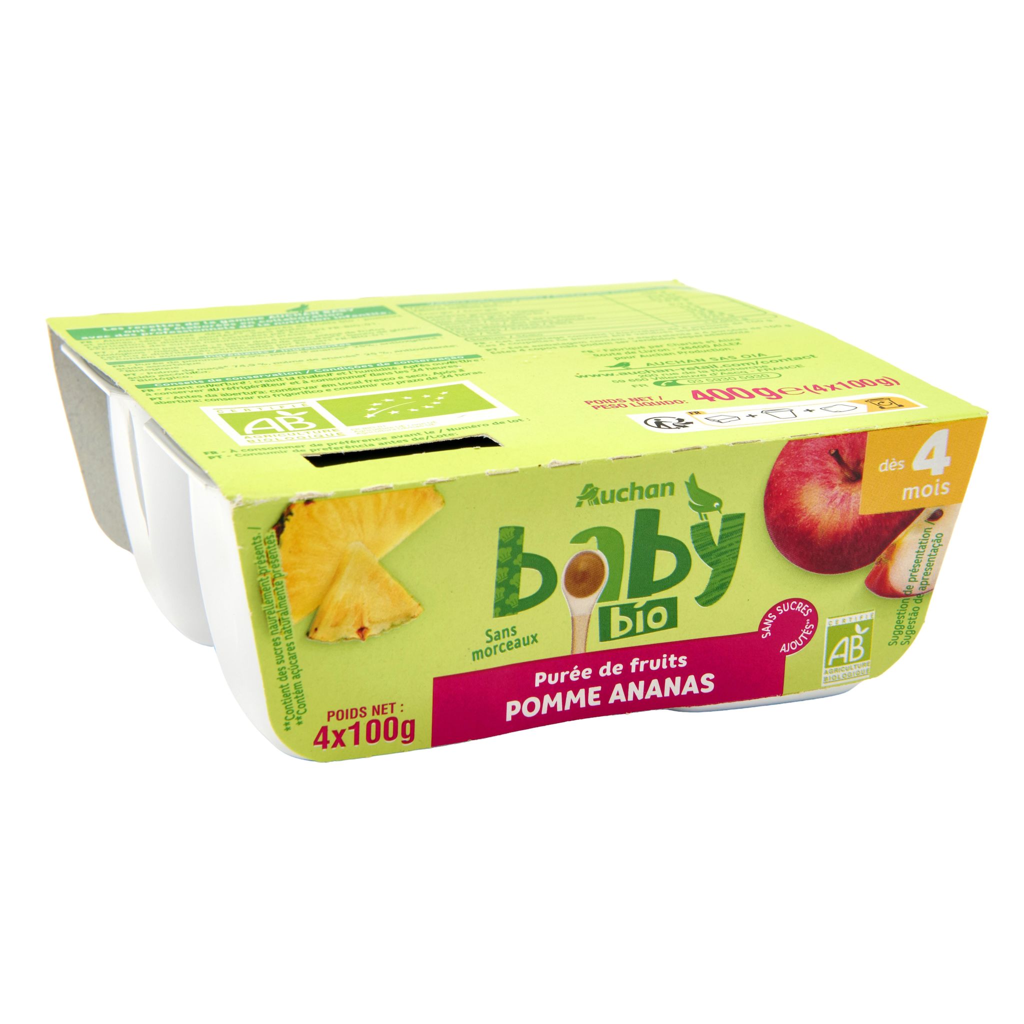 Voir la diapositive 2 : AUCHAN BABY BIO Petit pot dessert pomme ananas dès 4 mois 4x100g
