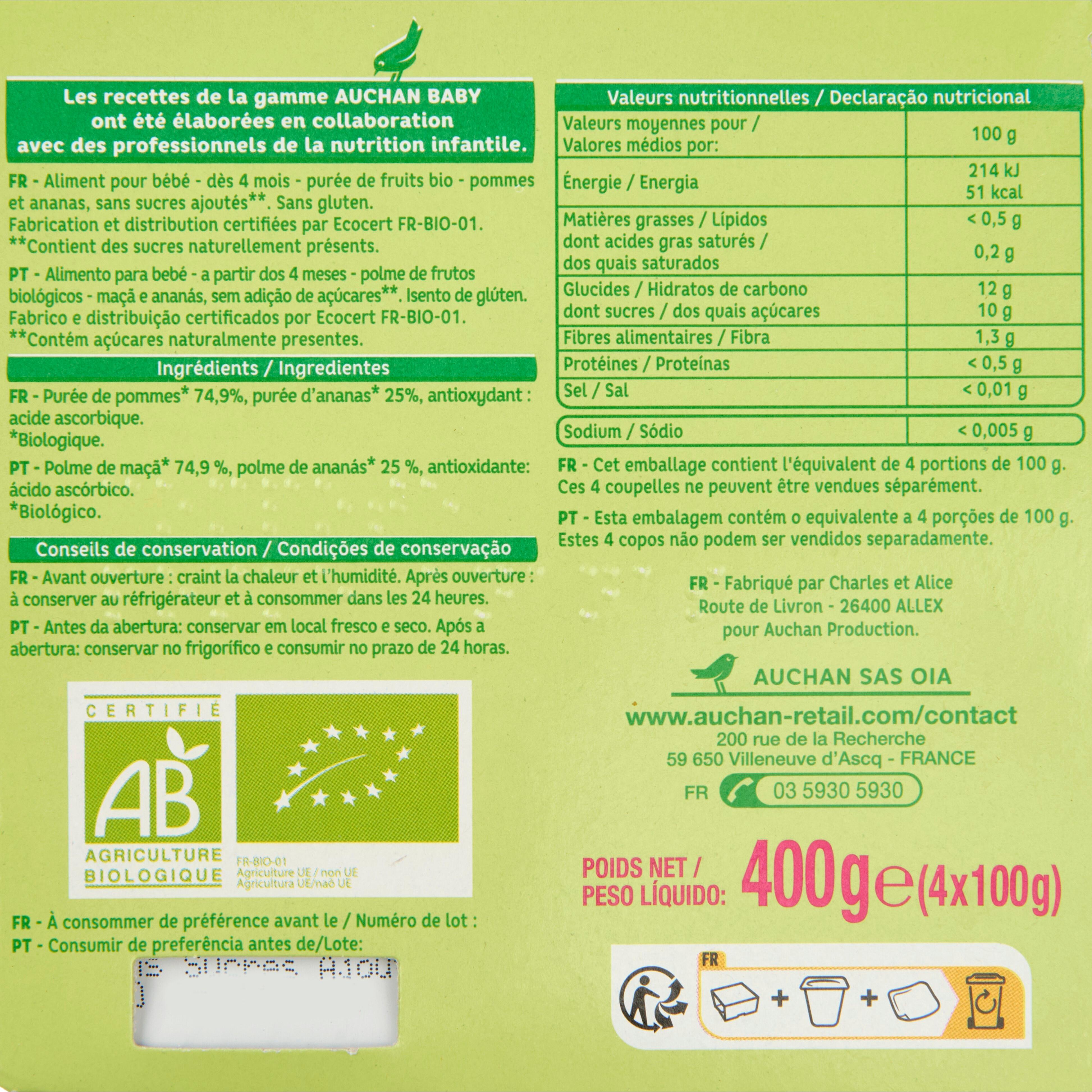 Voir la diapositive 3 : AUCHAN BABY BIO Petit pot dessert pomme ananas dès 4 mois 4x100g