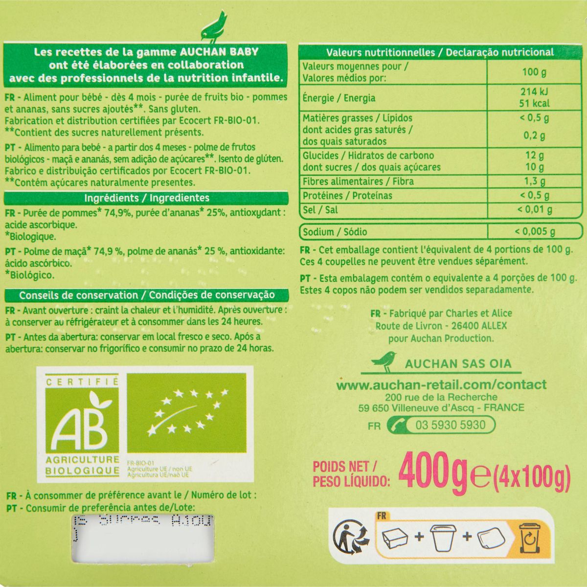AUCHAN BABY BIO Petit pot dessert pomme ananas dès 4 mois 4x100g