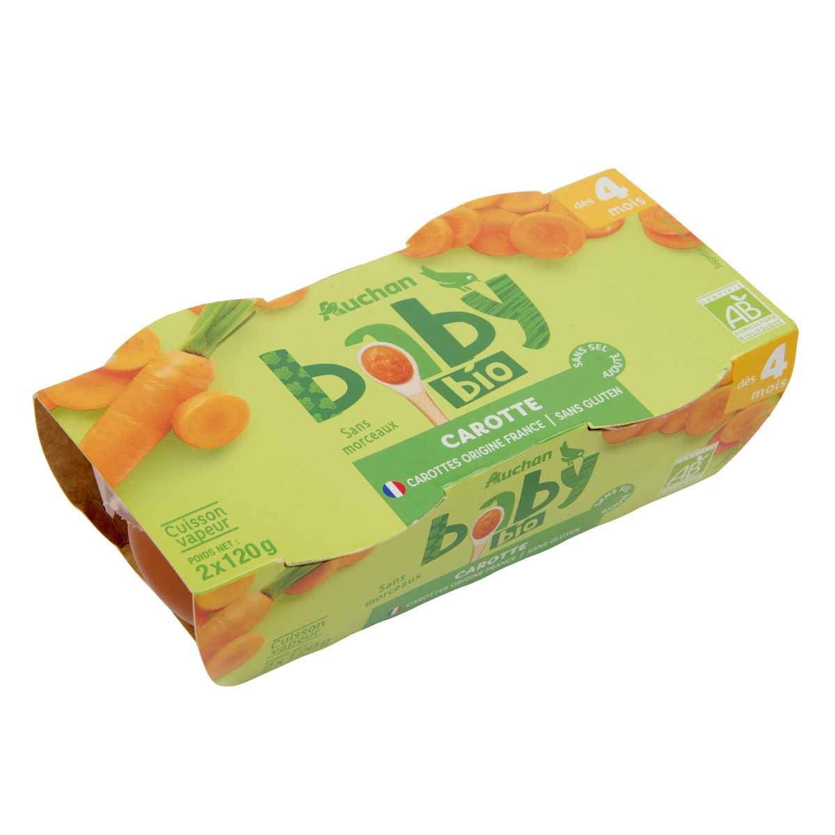 AUCHAN BABY BIO Bol carottes bio dès 4 mois 2x120g