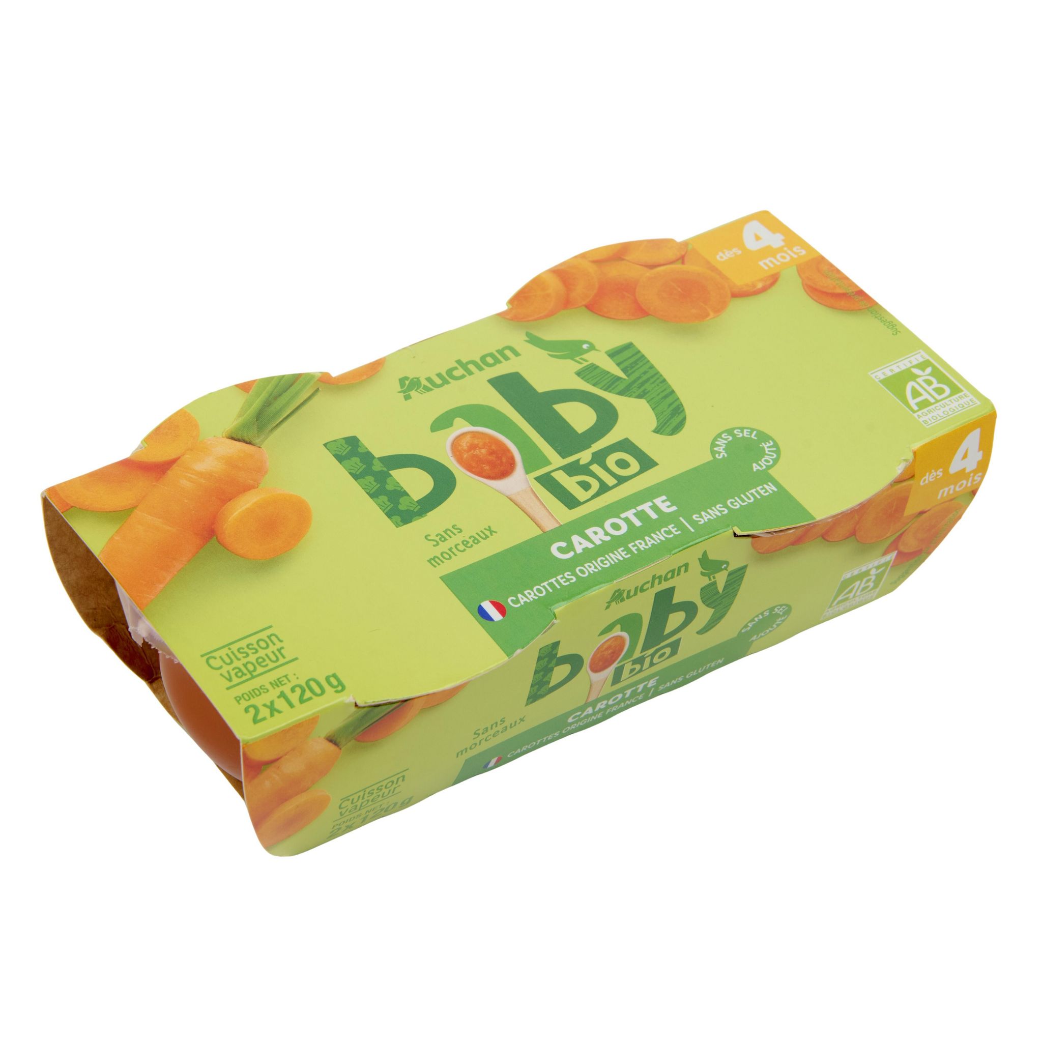 Voir la diapositive 2 : AUCHAN BABY BIO Bol carottes bio dès 4 mois 2x120g