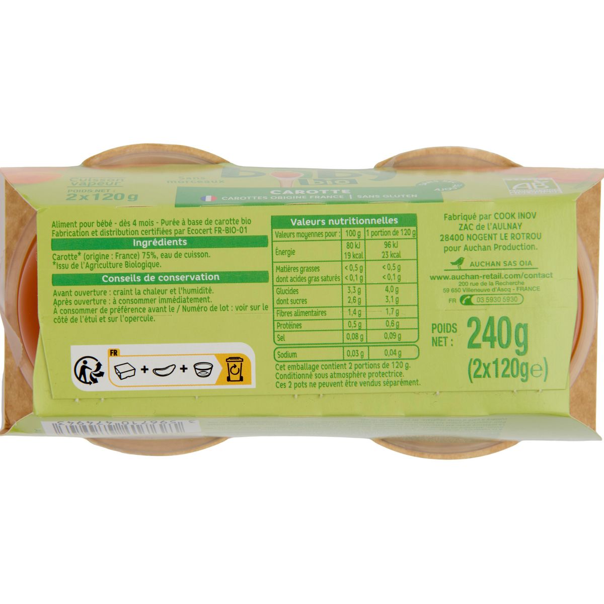 AUCHAN BABY BIO Bol carottes bio dès 4 mois 2x120g