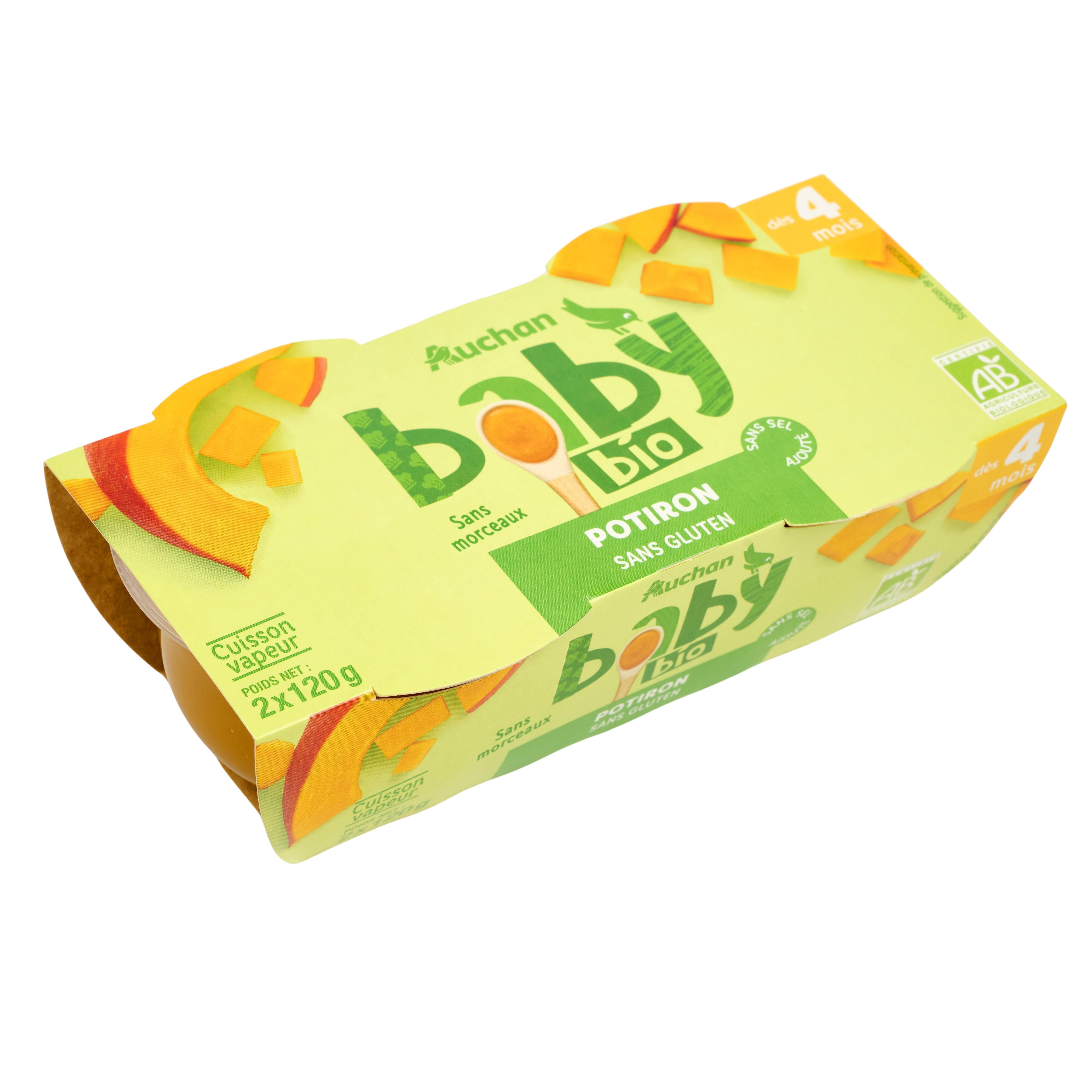 Voir la diapositive 2 : AUCHAN BABY BIO Bol purée de potiron bio dès 4 mois 2x120g