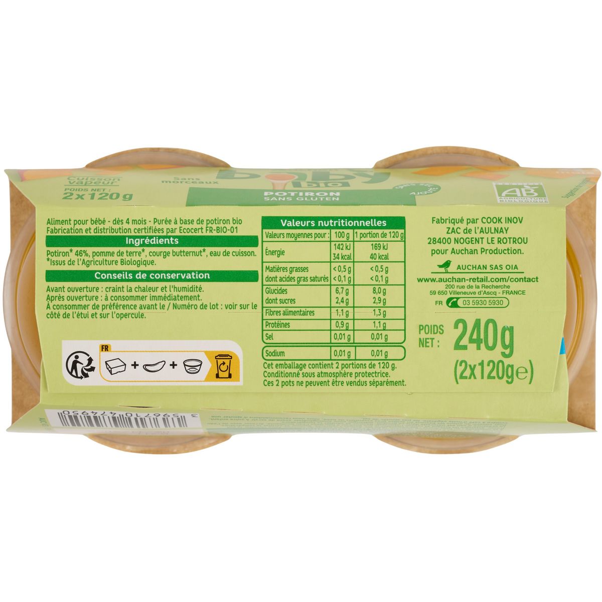 AUCHAN BABY BIO Bol purée de potiron bio dès 4 mois 2x120g