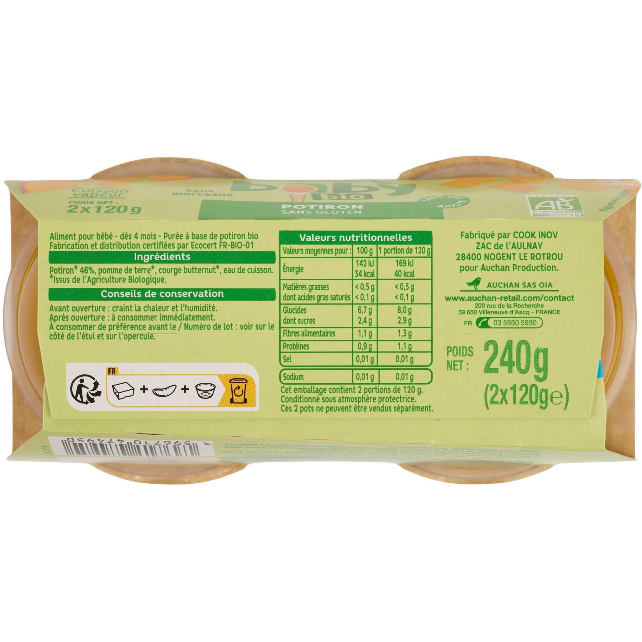 Voir la diapositive 2 : AUCHAN BABY BIO Bol purée de potiron bio dès 4 mois 2x120g