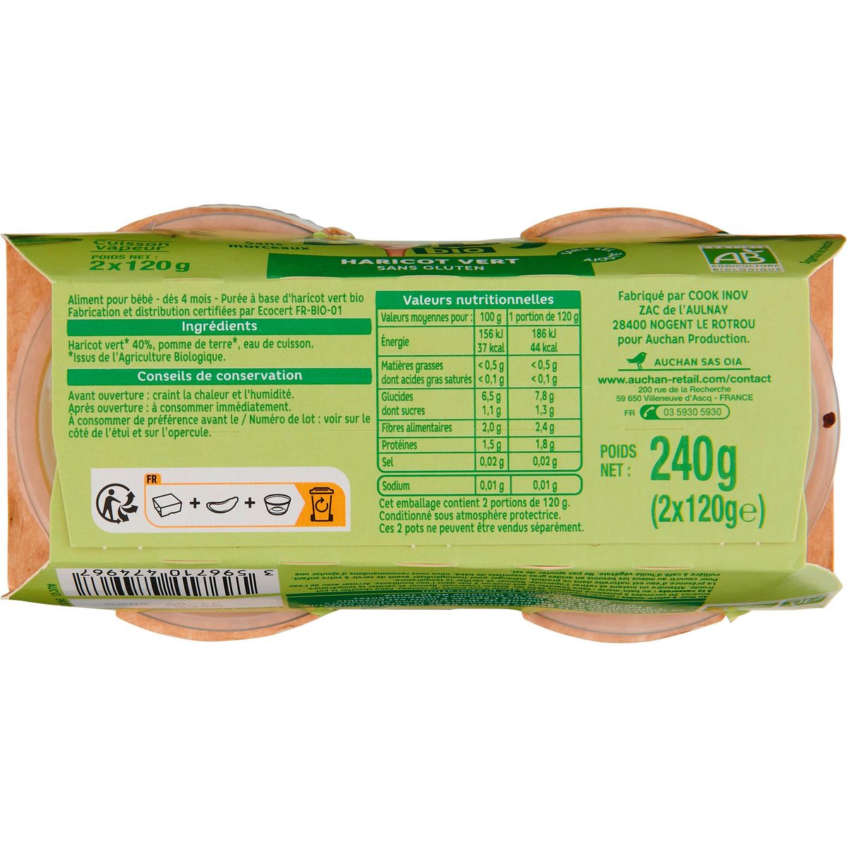 AUCHAN BABY BIO Bol haricot vert dès 4 mois 2x120g