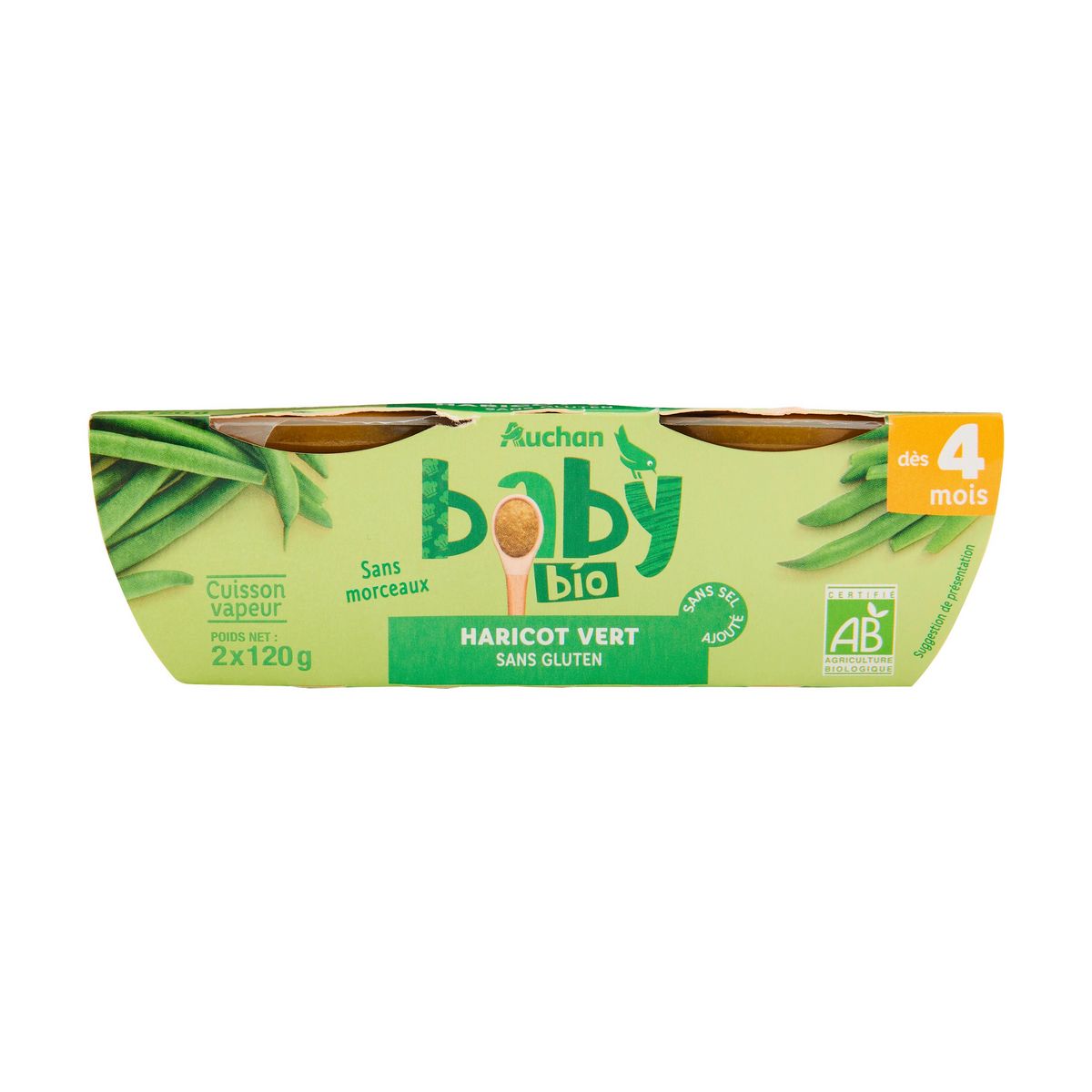AUCHAN BABY BIO Bol haricot vert dès 4 mois 2x120g