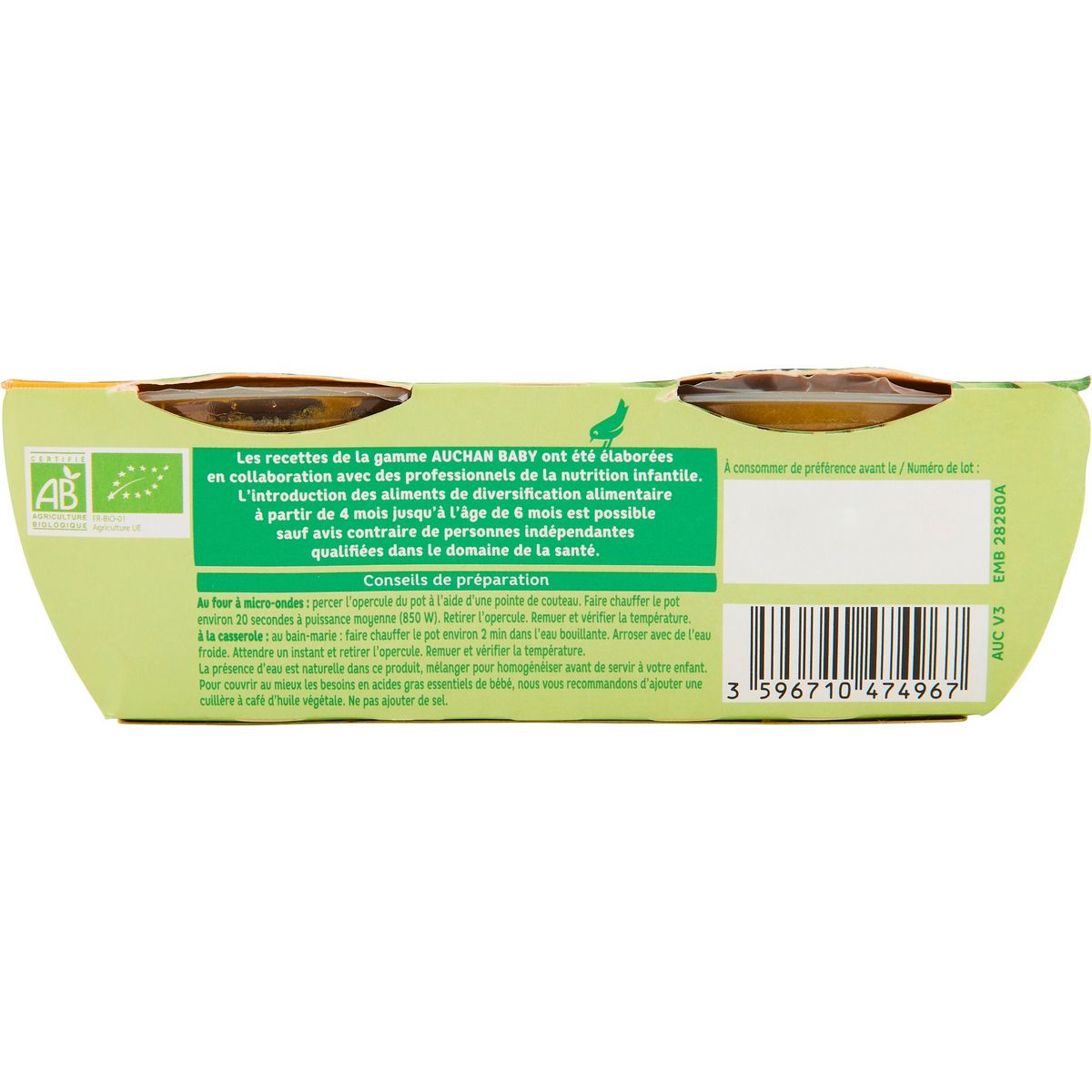 AUCHAN BABY BIO Bol haricot vert dès 4 mois 2x120g