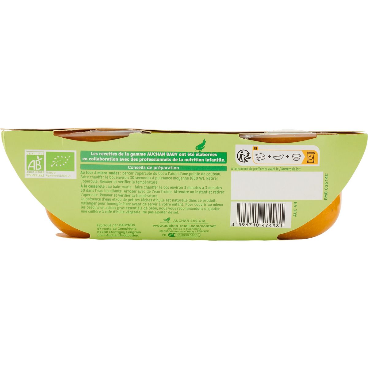 AUCHAN BABY BIO Bol légumes riz et saumon dés 6 mois 2x200g