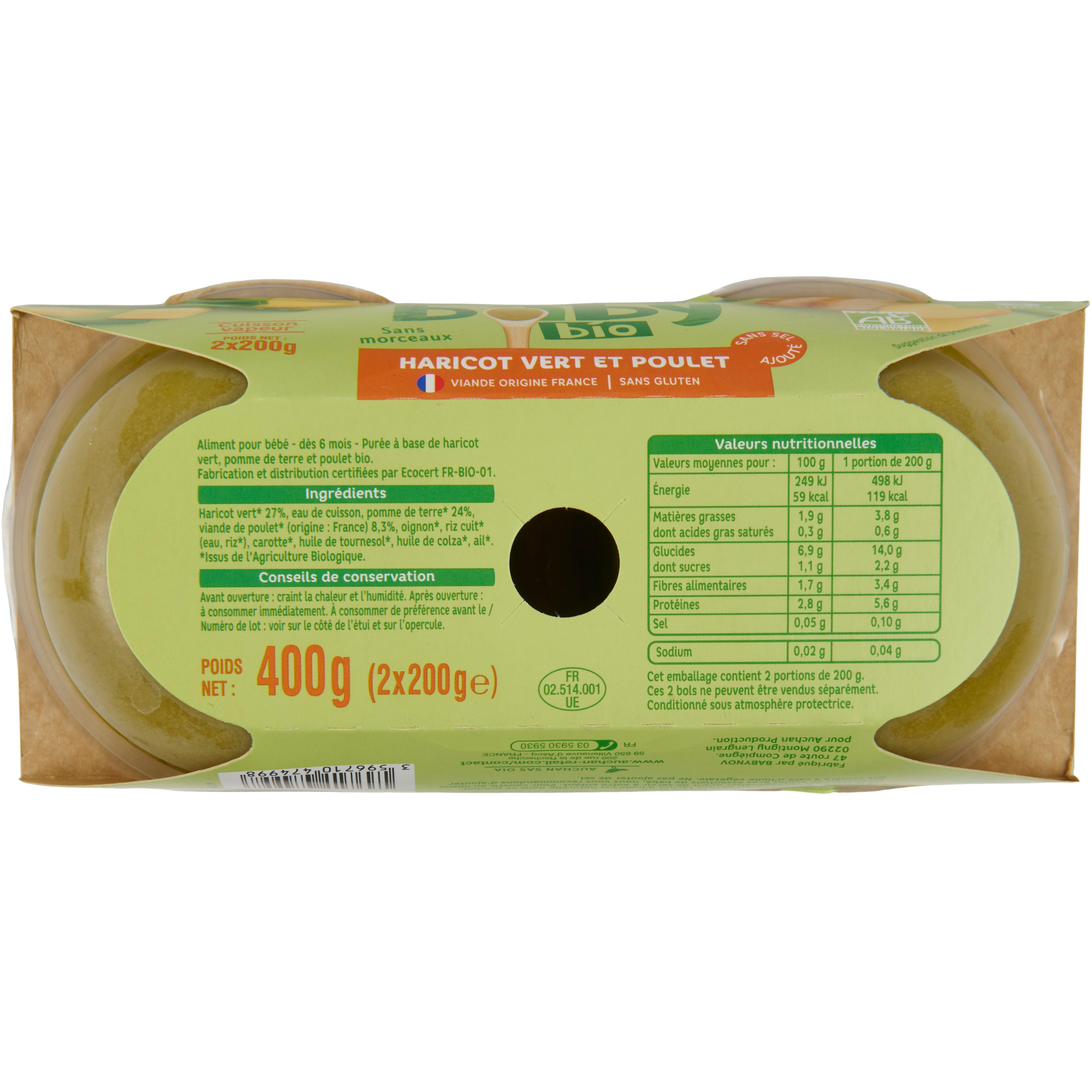 Voir la diapositive 2 : AUCHAN BABY BIO Bol haricots verts et poulet bio dès 6 mois 2x200g