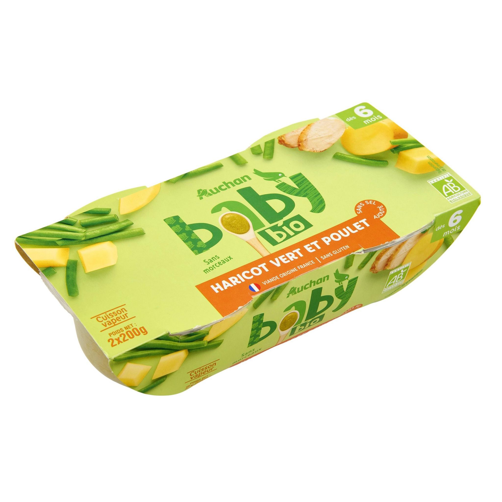 Voir la diapositive 2 : AUCHAN BABY BIO Bol haricots verts et poulet bio dès 6 mois 2x200g