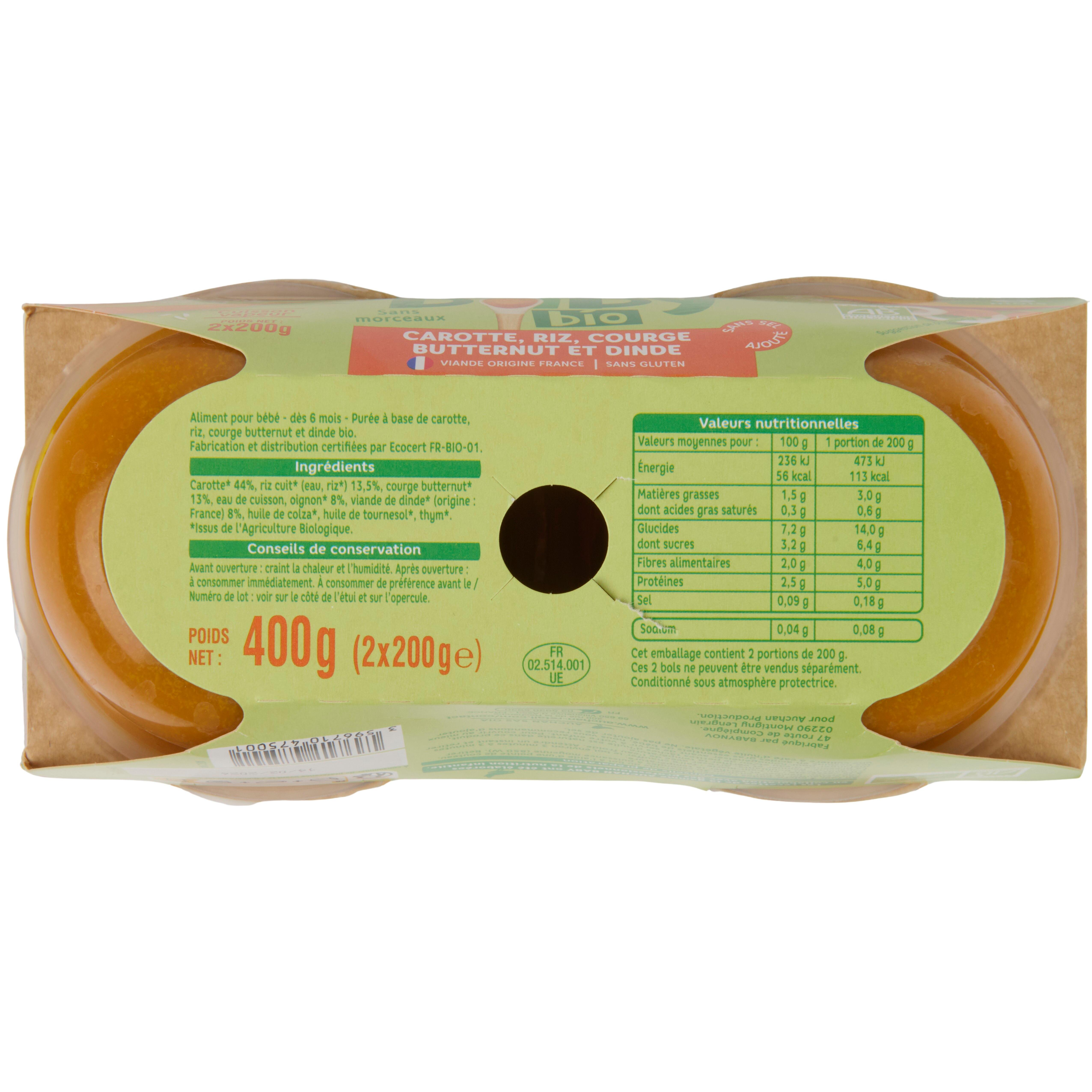 Voir la diapositive 2 : AUCHAN BABY BIO Bol carottes, riz courge butternut et dinde bio dès 6 mois 2x200g