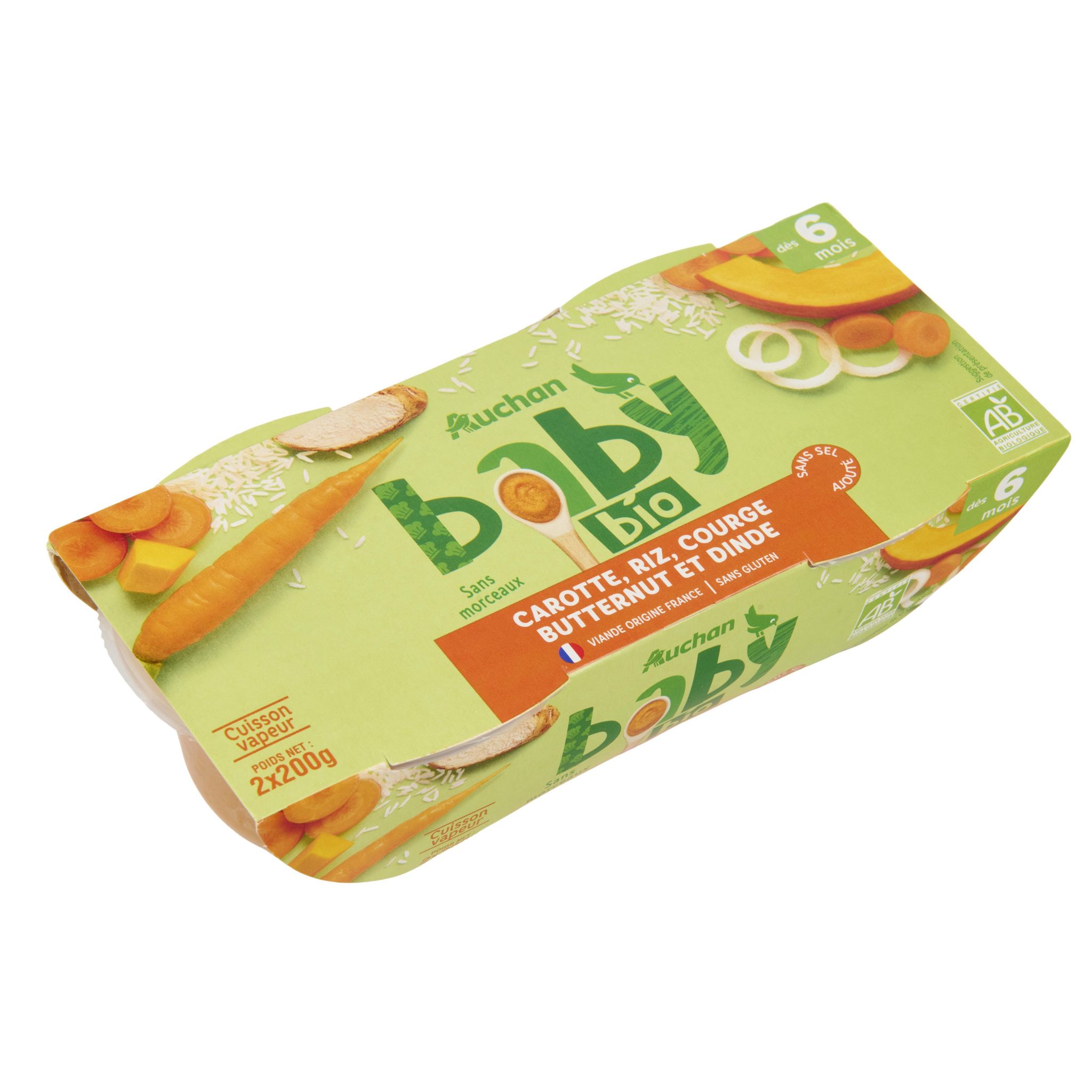 Voir la diapositive 3 : AUCHAN BABY BIO Bol carottes, riz courge butternut et dinde bio dès 6 mois 2x200g