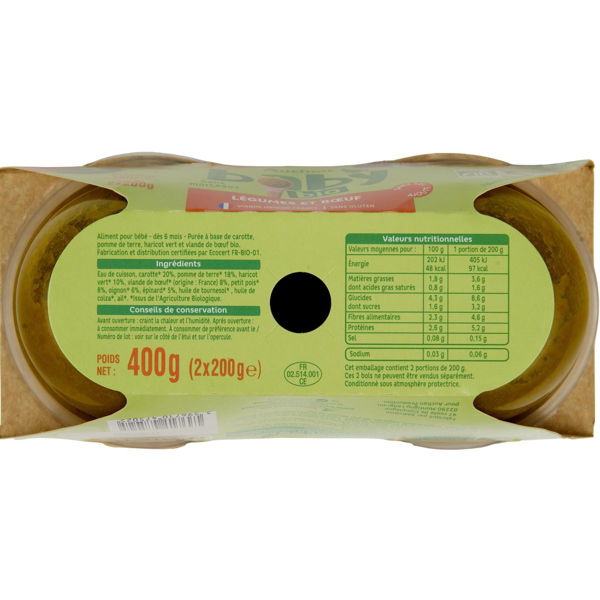 AUCHAN BABY BIO Bol légumes et boeuf dès 6 mois 2x200g