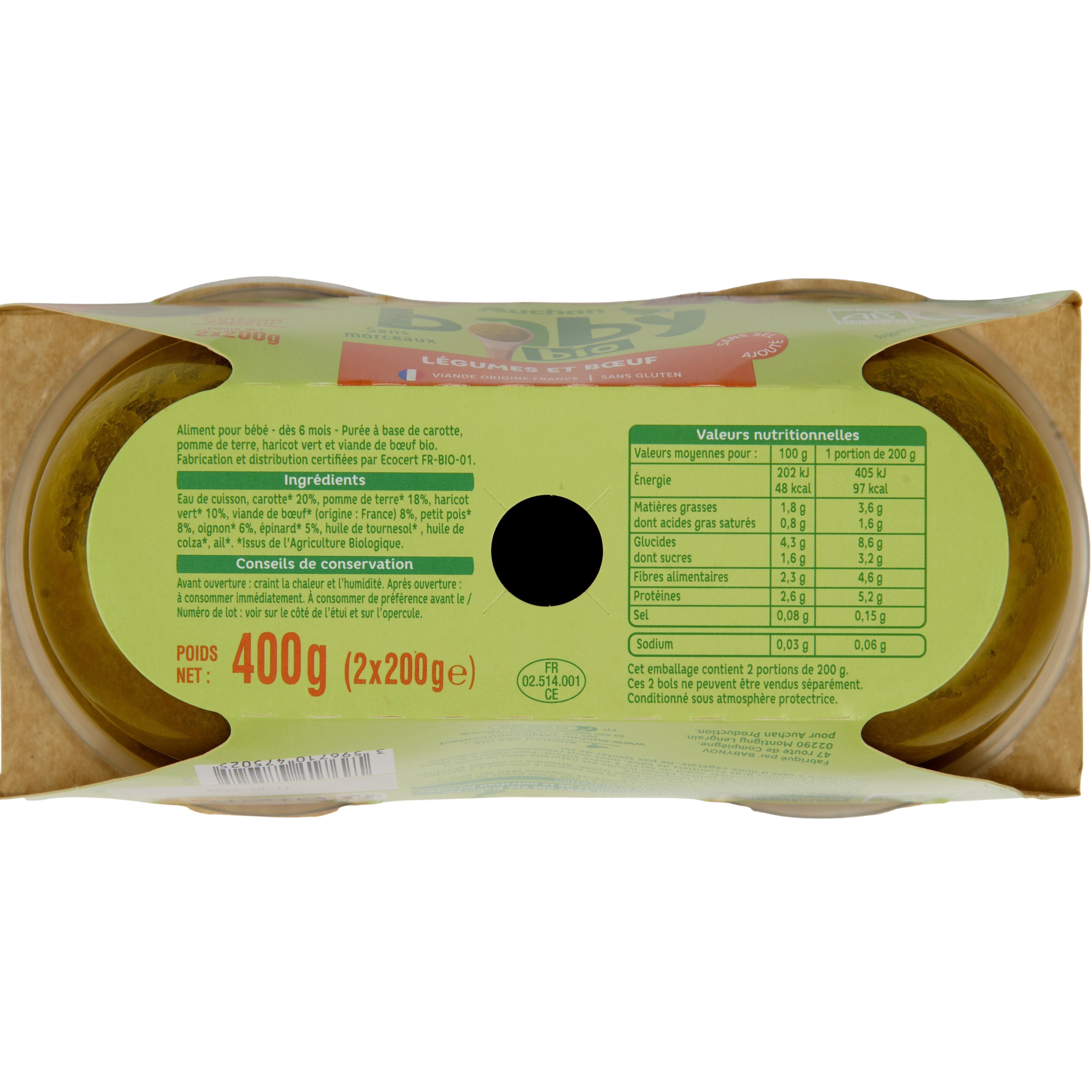 Voir la diapositive 3 : AUCHAN BABY BIO Bol légumes et boeuf dès 6 mois 2x200g