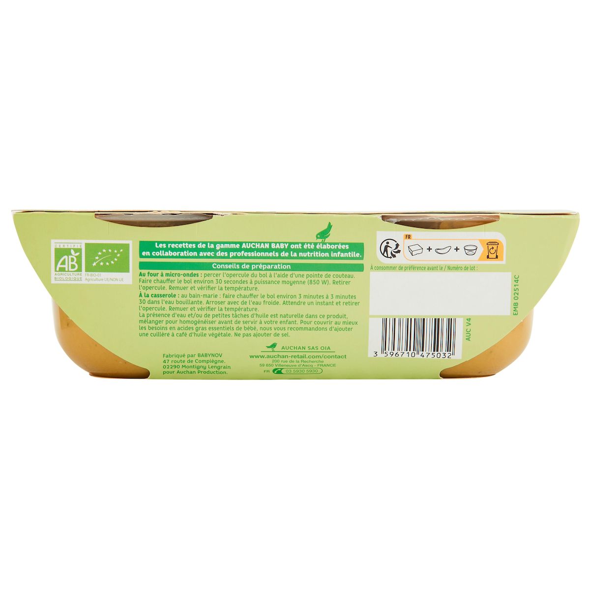 AUCHAN BABY BIO Bol petits pois maïs et riz bio dès 6 mois 2x200g
