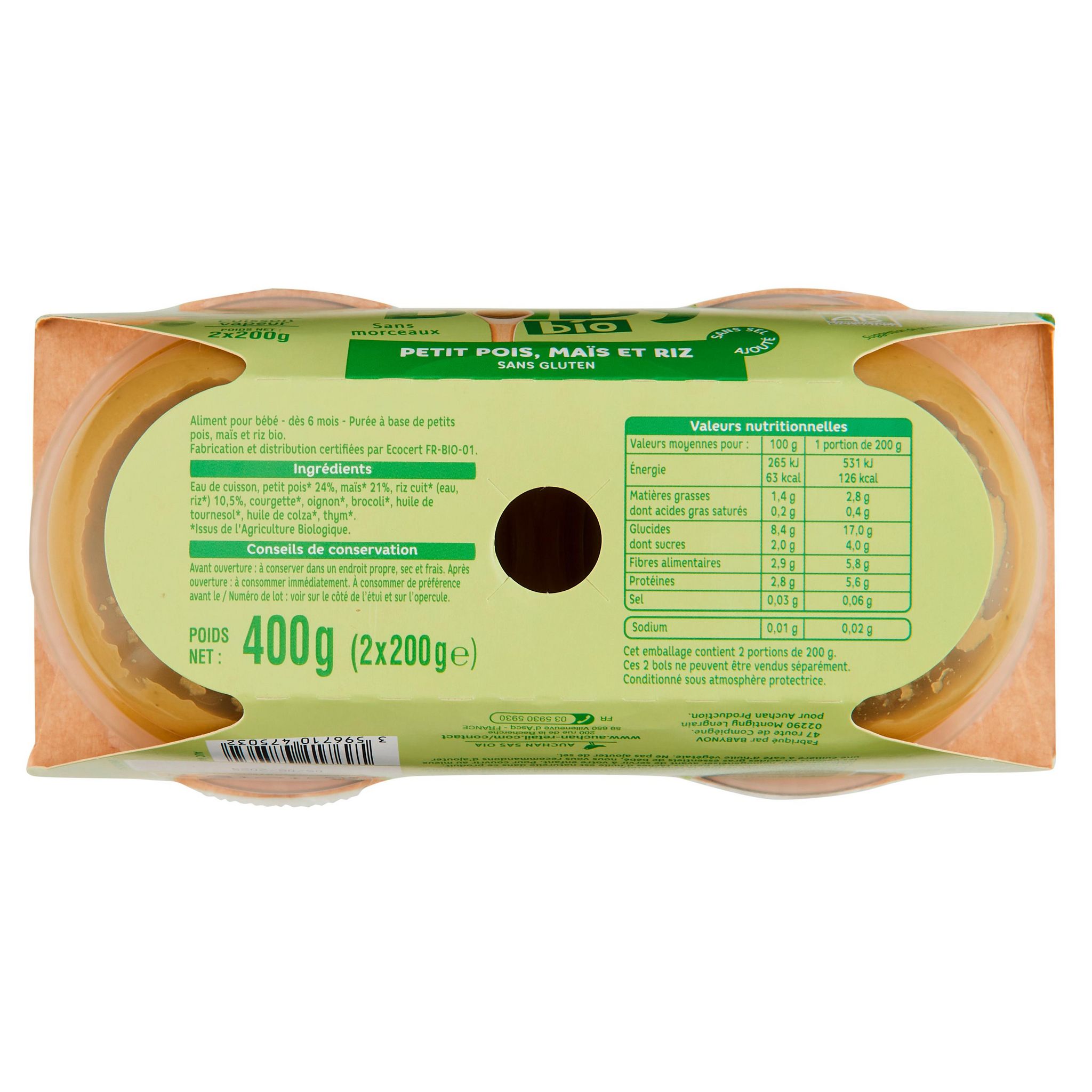Voir la diapositive 3 : AUCHAN BABY BIO Bol petits pois maïs et riz bio dès 6 mois 2x200g