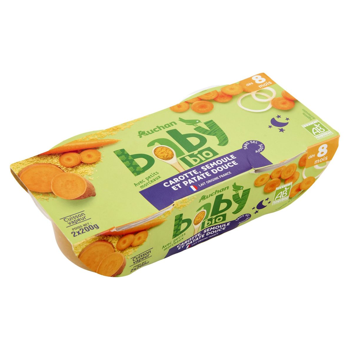 AUCHAN BABY BIO Bol carotte semoule patate douce bio dès 8 mois 2x200g