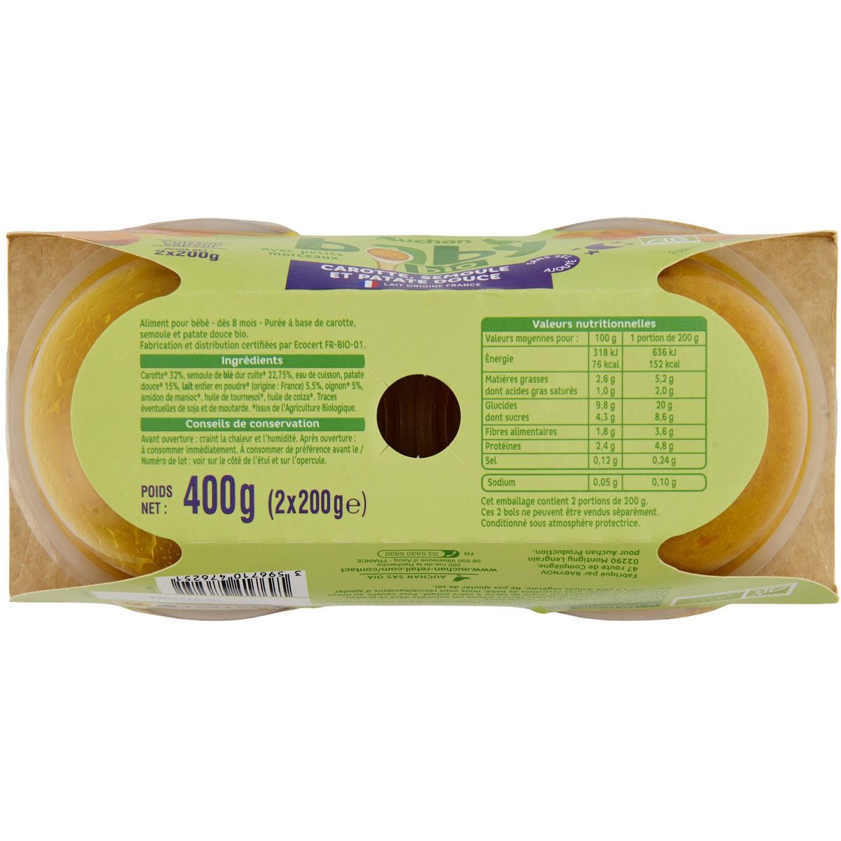 AUCHAN BABY BIO Bol carotte semoule patate douce bio dès 8 mois 2x200g