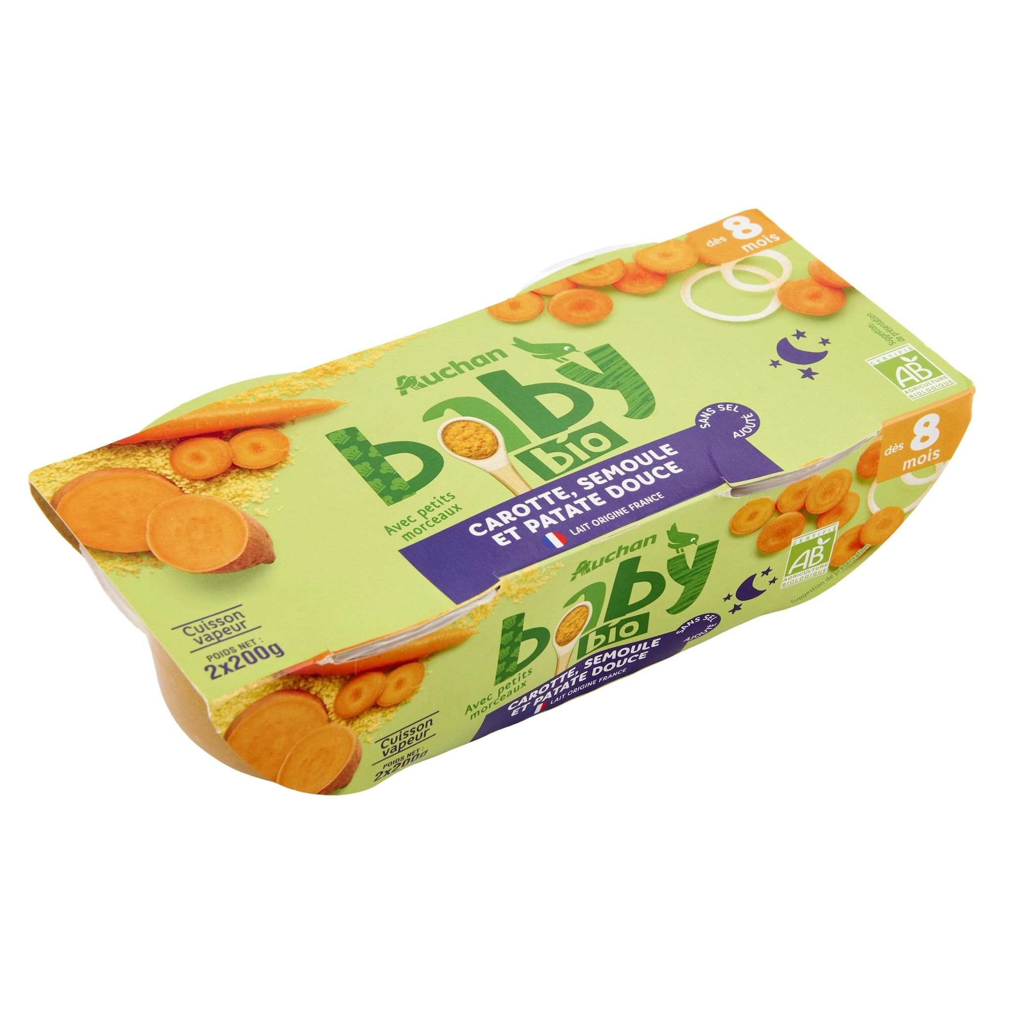 Voir la diapositive 3 : AUCHAN BABY BIO Bol carotte semoule patate douce bio dès 8 mois 2x200g