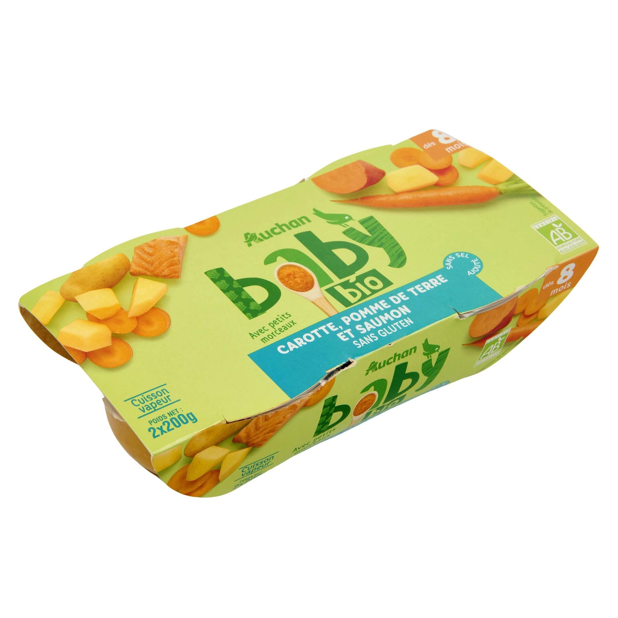 Voir la diapositive 2 : AUCHAN BABY BIO Bol carotte pomme de terre bio au saumon dès 8 mois 2x200g