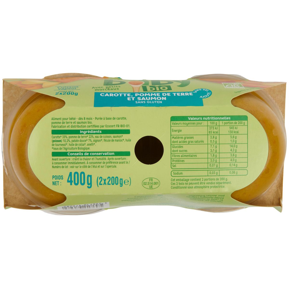 AUCHAN BABY BIO Bol carotte pomme de terre bio au saumon dès 8 mois 2x200g
