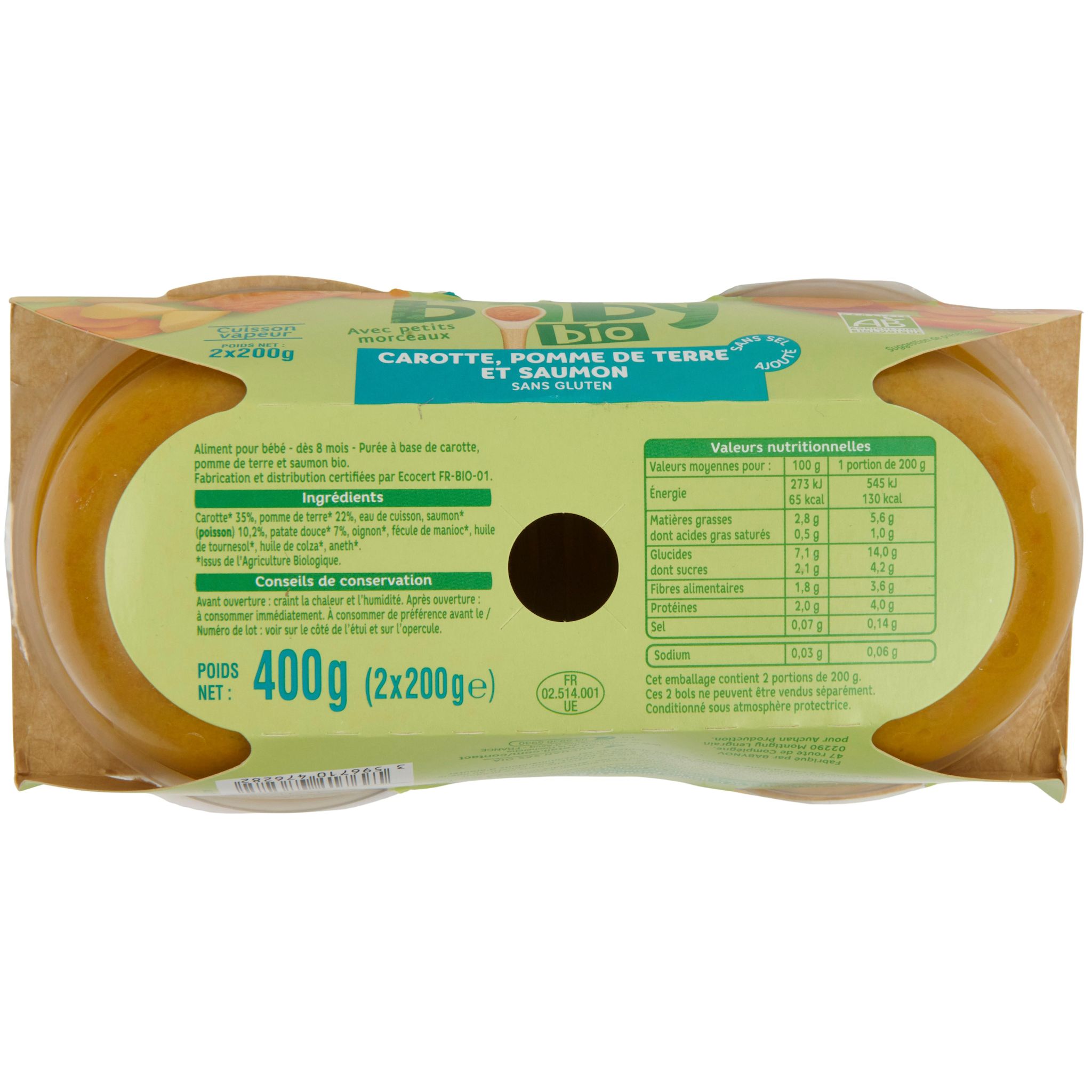 Voir la diapositive 3 : AUCHAN BABY BIO Bol carotte pomme de terre bio au saumon dès 8 mois 2x200g