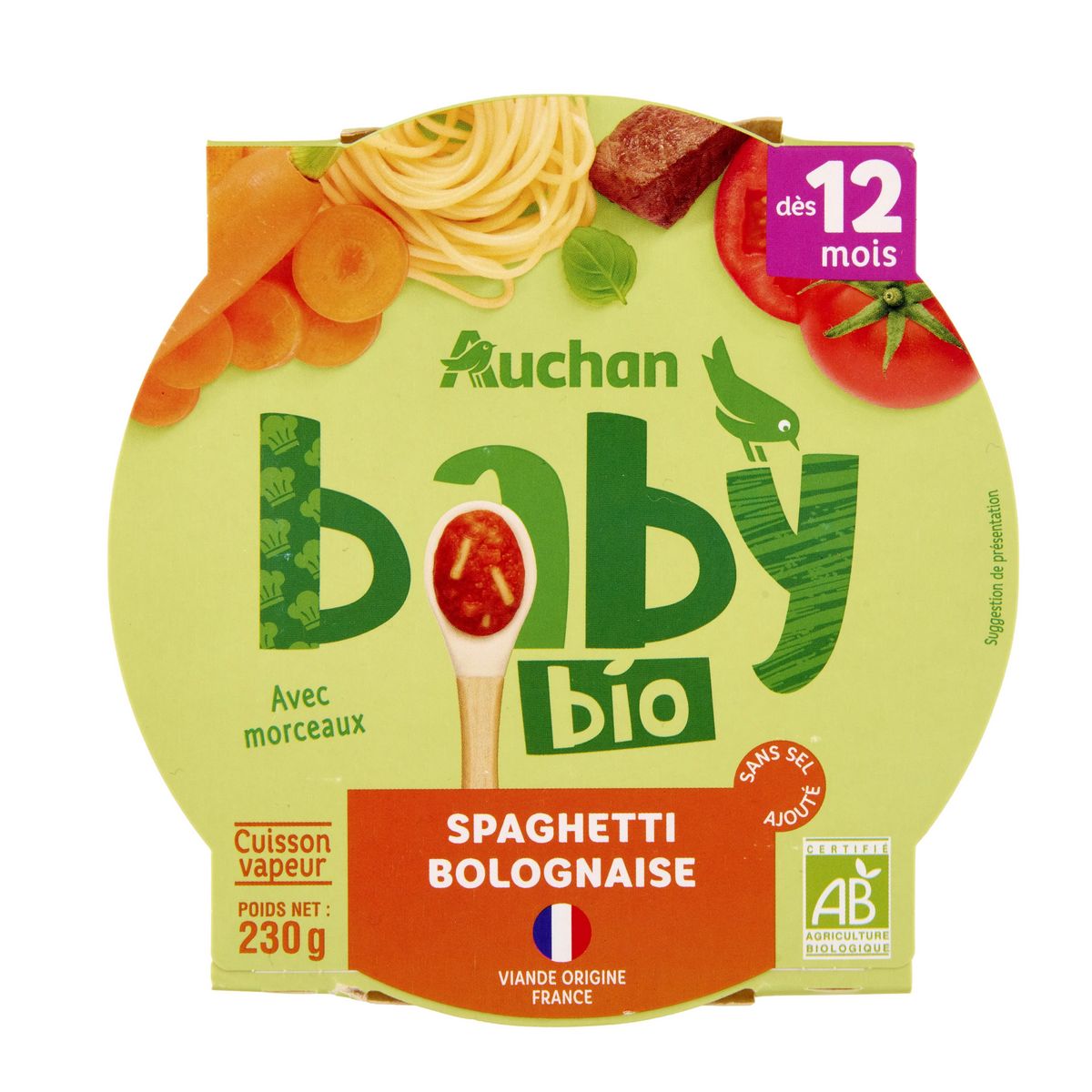 AUCHAN BABY BIO Assiette spaghetti bolognaise dès 12 mois 230g