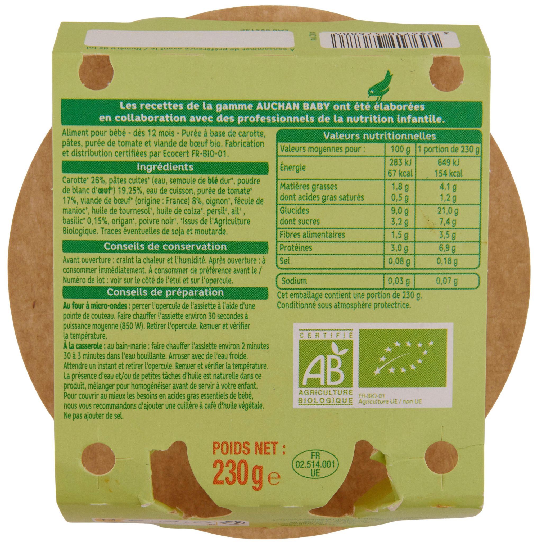Voir la diapositive 2 : AUCHAN BABY BIO Assiette spaghetti bolognaise dès 12 mois 230g