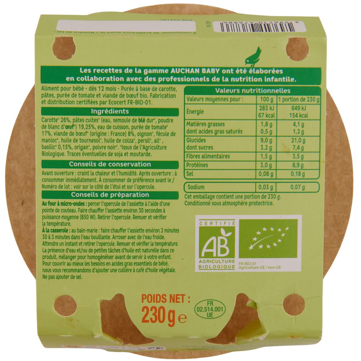 AUCHAN BABY BIO Assiette spaghetti bolognaise dès 12 mois 230g