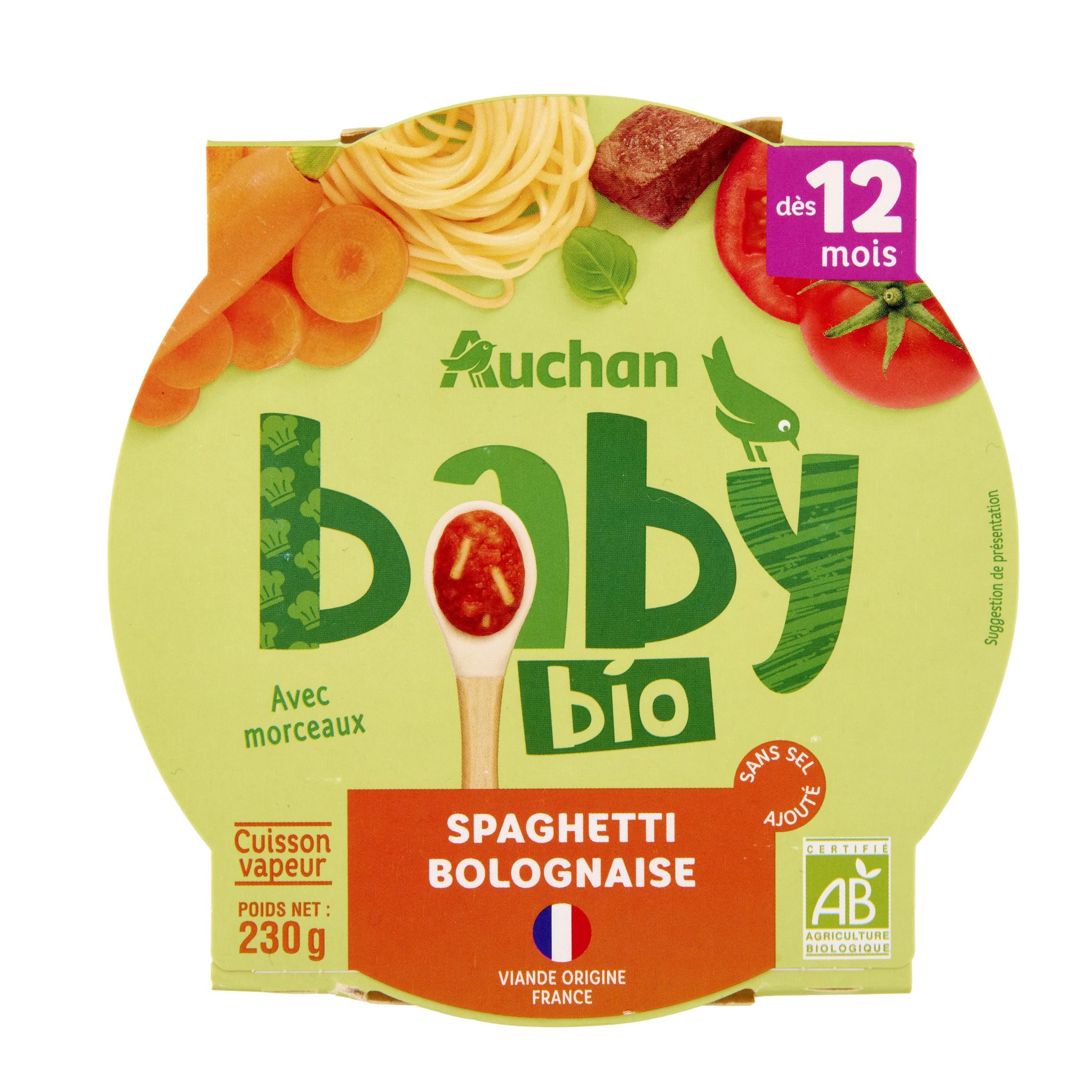 Voir la diapositive 3 : AUCHAN BABY BIO Assiette spaghetti bolognaise dès 12 mois 230g