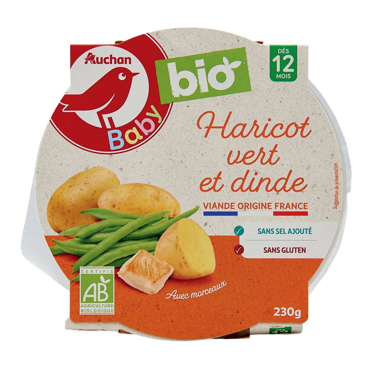 AUCHAN BABY BIO Assiette aux haricots verts et à la dinde bio dès 12 mois 230g