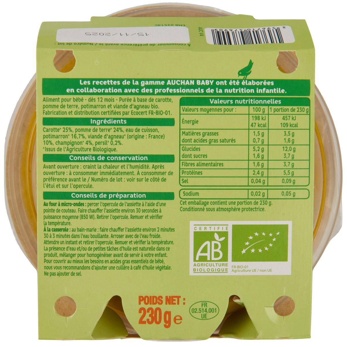 AUCHAN BABY BIO Assiette navarin d'agneau dès 12 mois 230g