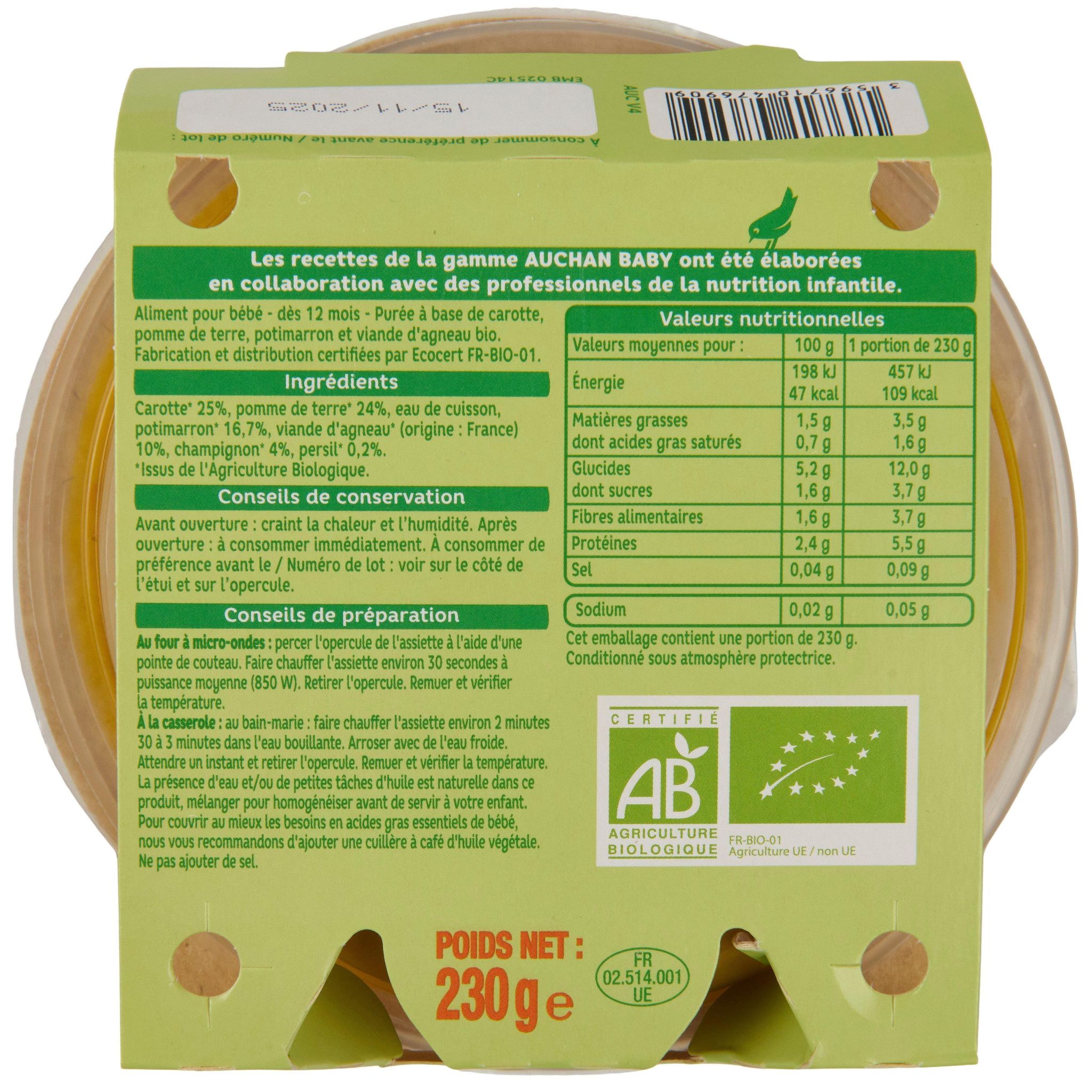 Voir la diapositive 3 : AUCHAN BABY BIO Assiette navarin d'agneau dès 12 mois 230g
