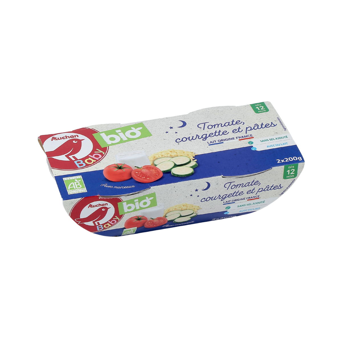 AUCHAN BABY BIO Bol de pâtes tomates courgettes bio dès 12 mois 2x200g