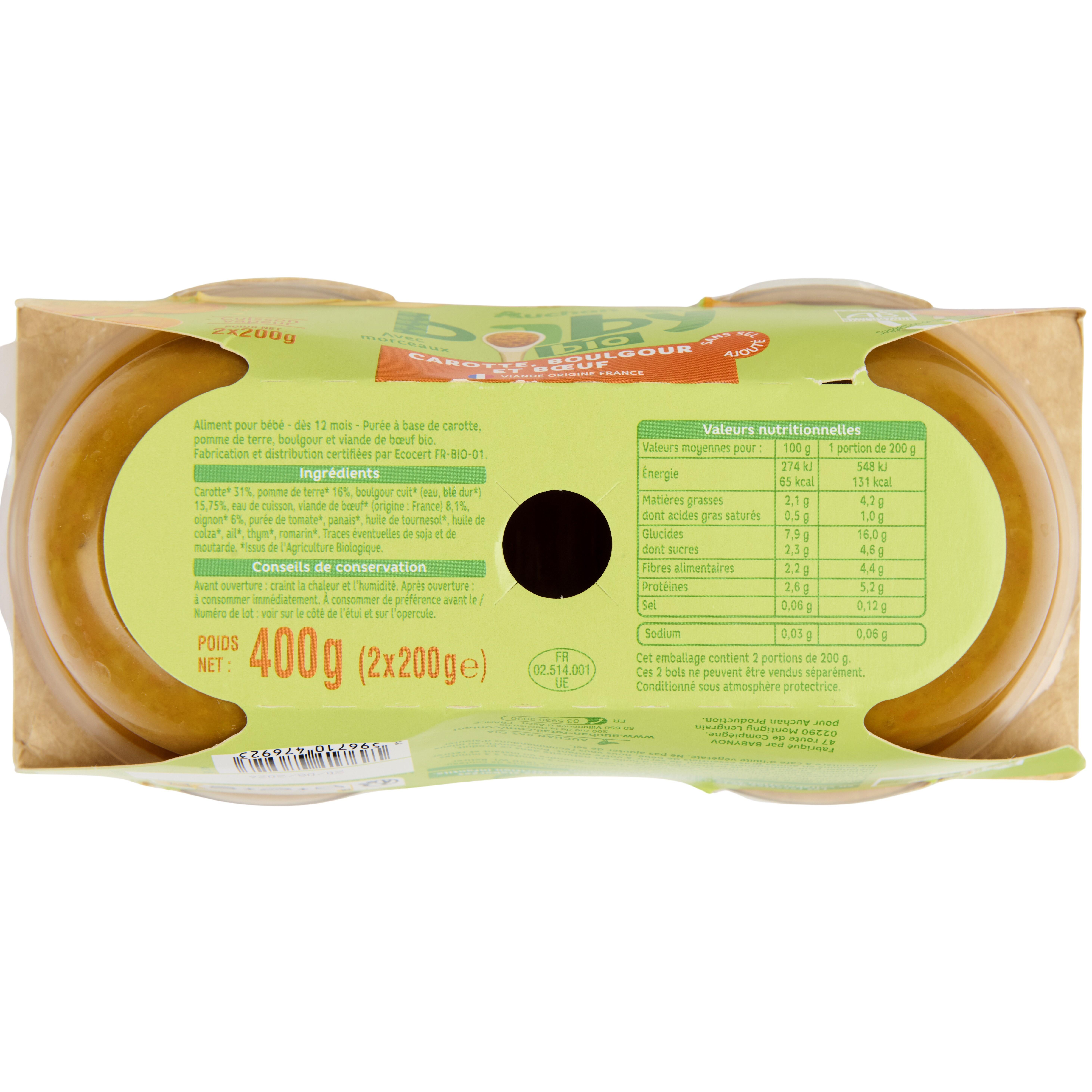 Voir la diapositive 2 : AUCHAN BABY BIO Bol carotte boulgour et boeuf dès 12 mois 2x200g
