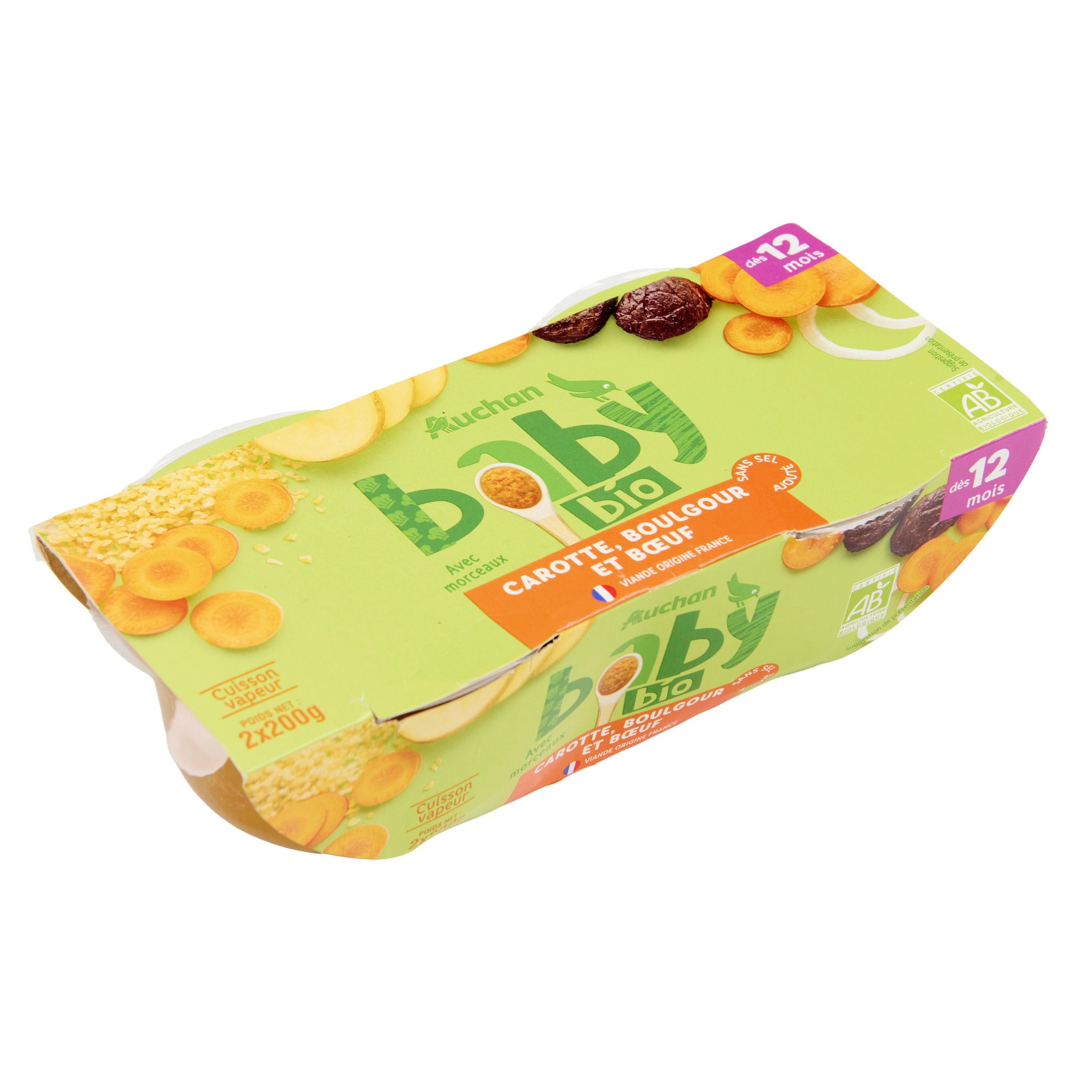 Voir la diapositive 3 : AUCHAN BABY BIO Bol carotte boulgour et boeuf dès 12 mois 2x200g