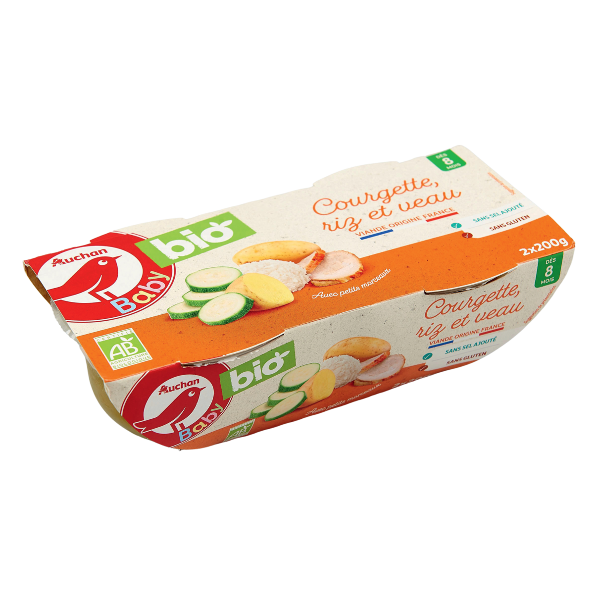 AUCHAN BABY BIO Bol courgette riz et veau dès 8 mois 2x200g
