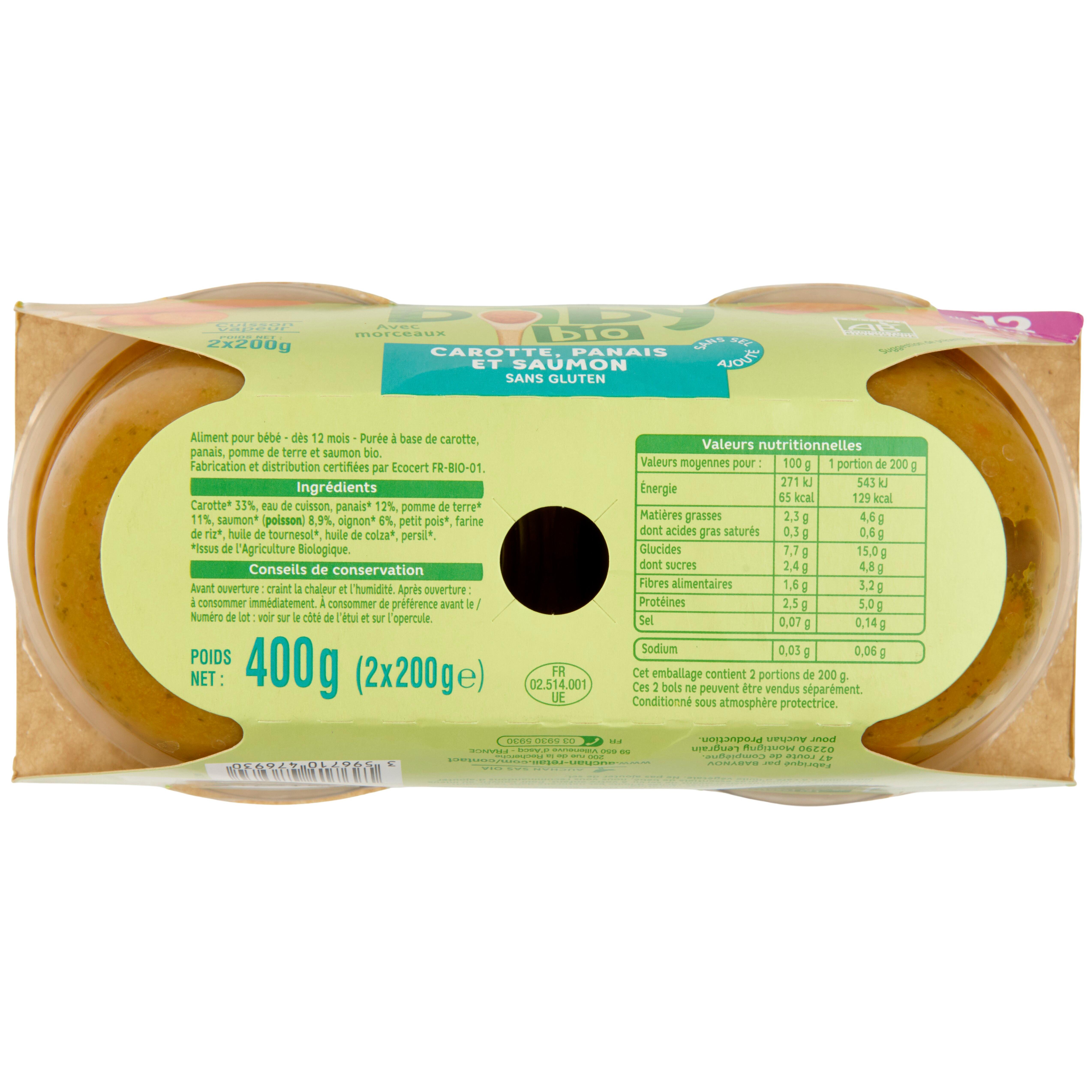 Voir la diapositive 2 : AUCHAN BABY BIO Bol carottes panais et saumon bio dès 12 mois 2x200g