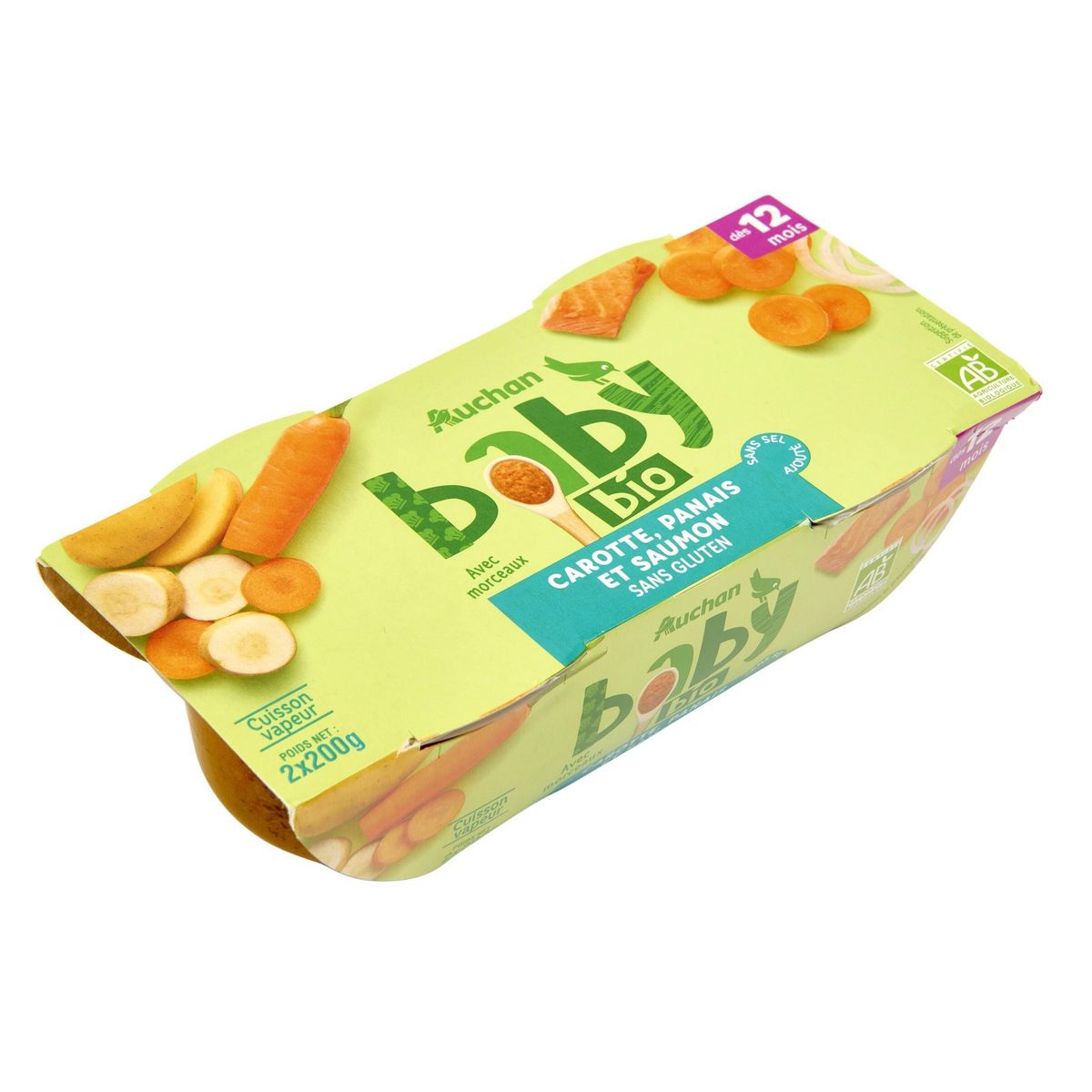 AUCHAN BABY BIO Bol carottes panais et saumon bio dès 12 mois 2x200g