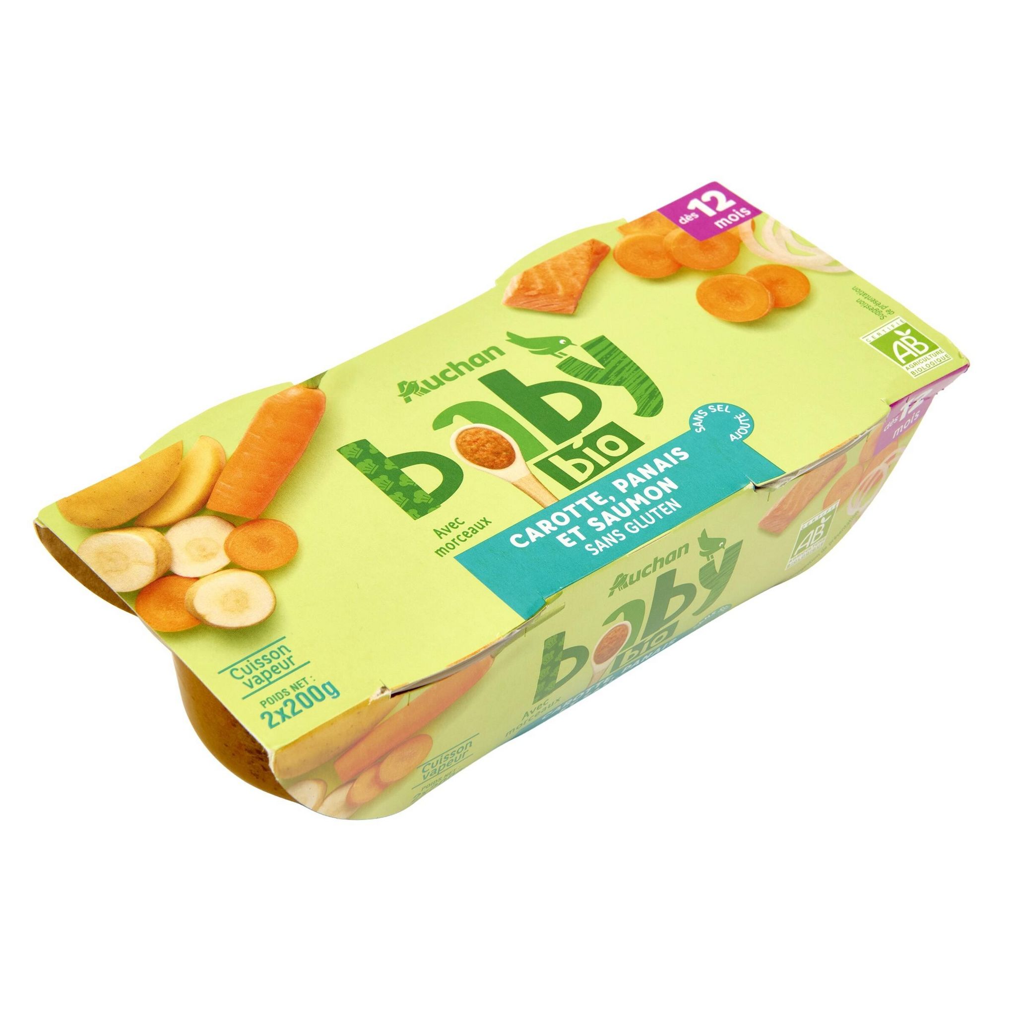 Voir la diapositive 2 : AUCHAN BABY BIO Bol carottes panais et saumon bio dès 12 mois 2x200g