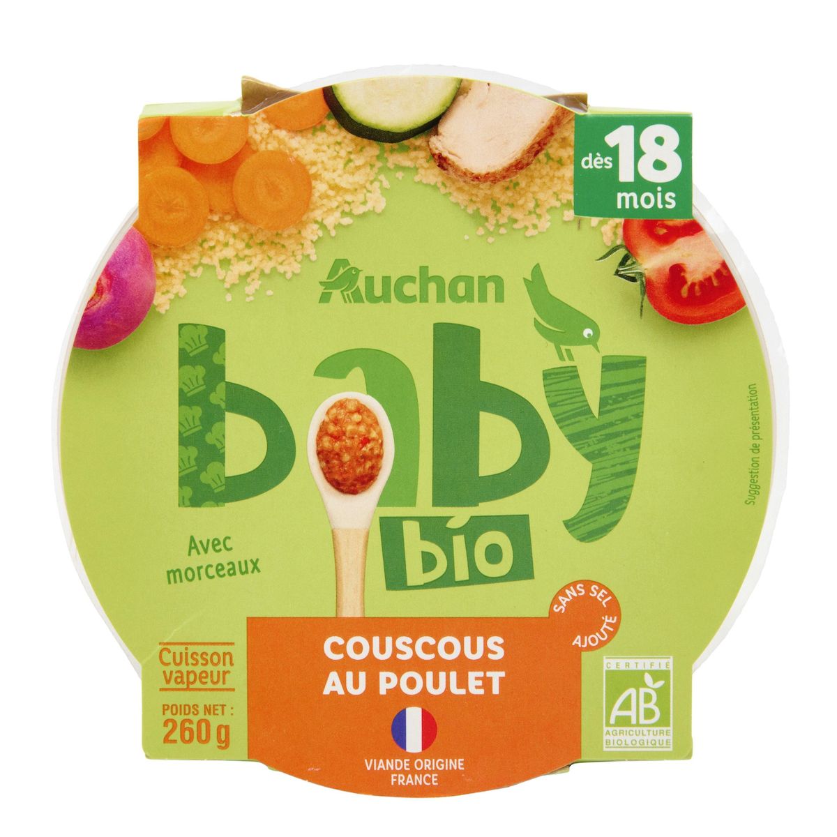 AUCHAN BABY BIO Assiette de couscous au poulet dès 18 mois 260g