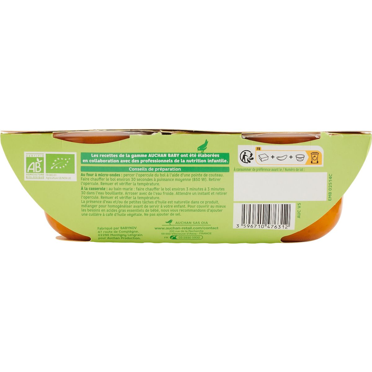 AUCHAN BABY BIO Bol risotto de légumes bio dès 8 mois 2x200g