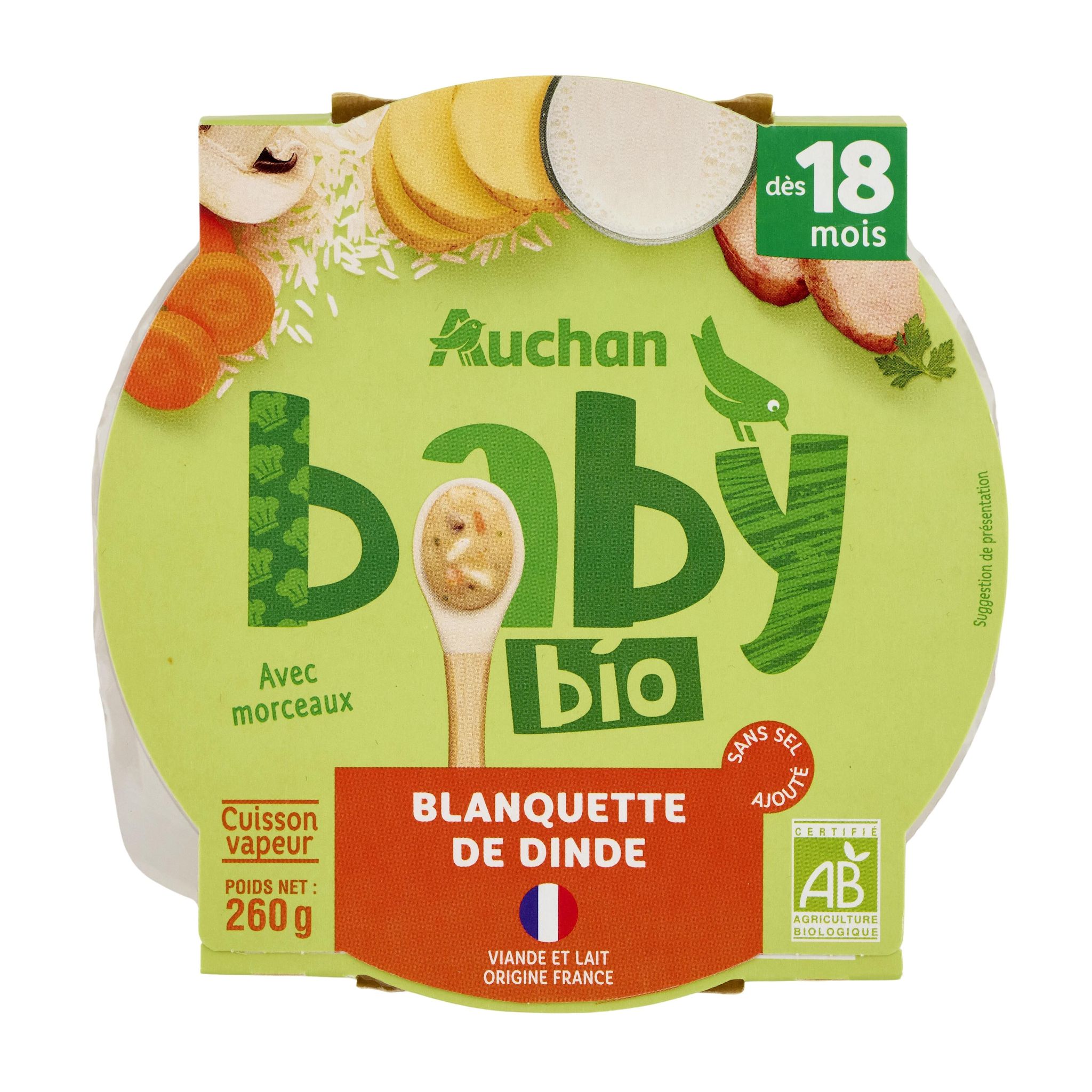 Voir la diapositive 2 : AUCHAN BABY BIO Assiette blanquette de dinde dès 18 mois sans sel ajouté 260g